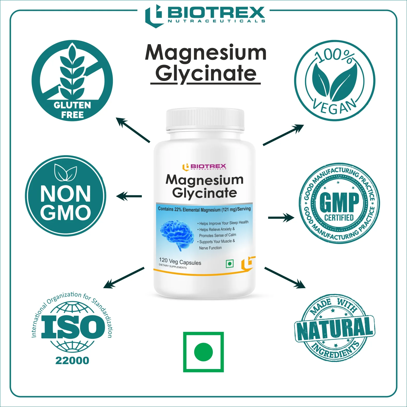 Biotrex Magnesium Glycinate, High Bioavailabilty, Best For Sleep Health, Supports Muscle & Nerve Health - 120 Veg Capsules - Image 5