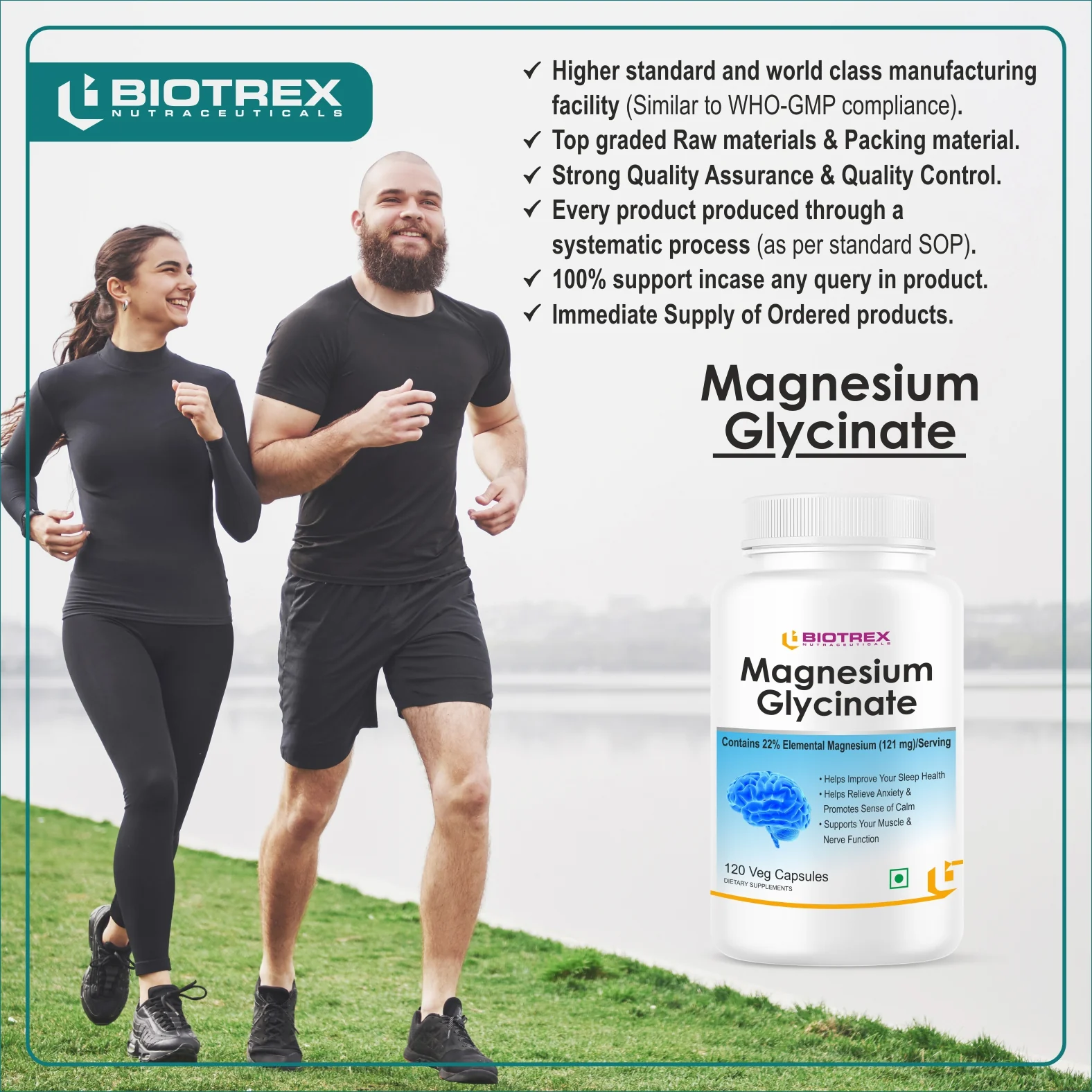 Biotrex Magnesium Glycinate, High Bioavailabilty, Best For Sleep Health, Supports Muscle & Nerve Health - 120 Veg Capsules - Image 6