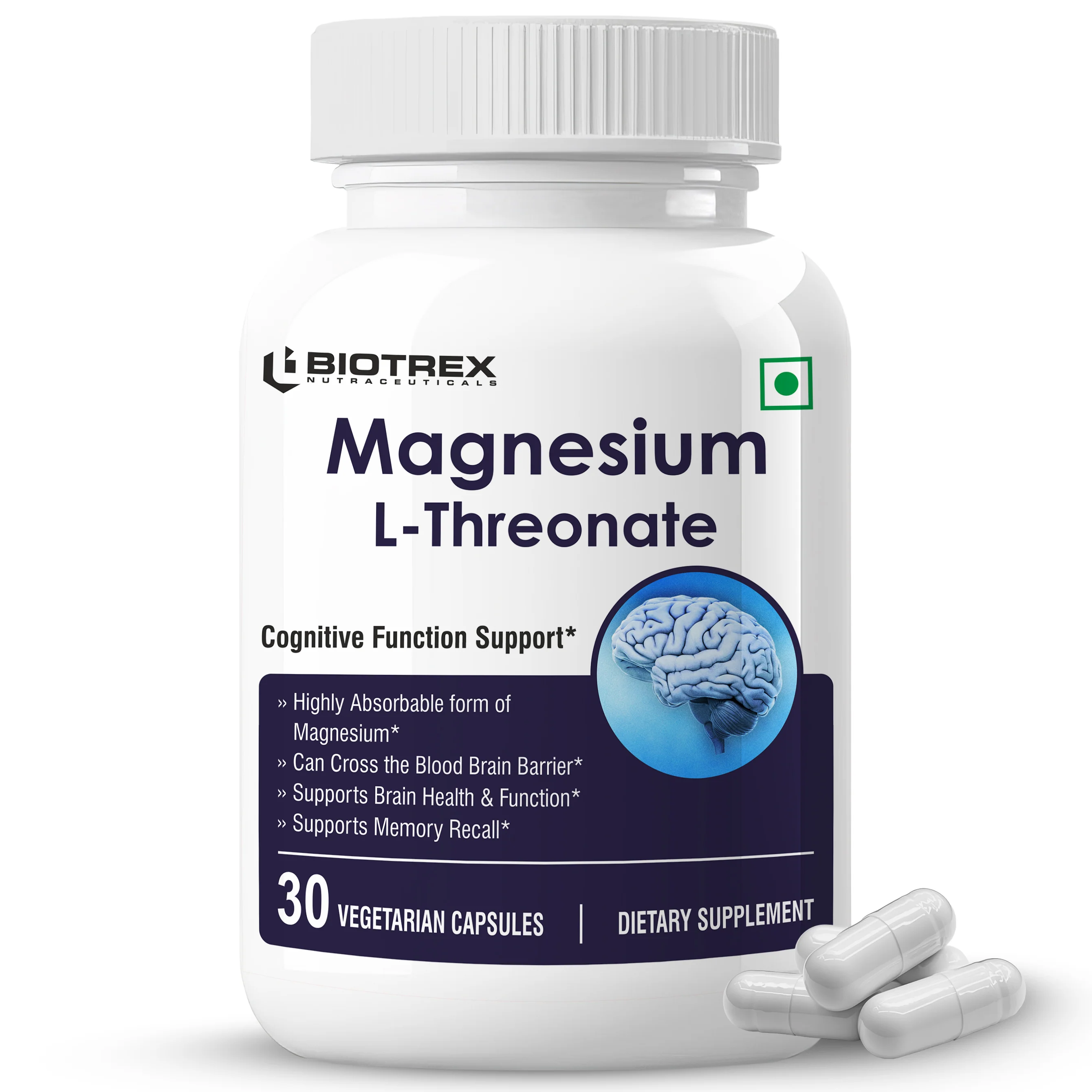 Biotrex Magnesium L-Threonate, Supports Brain Health & Cognitive Function, Highly Bioavailable Magnesium - 30 Veg Capsules