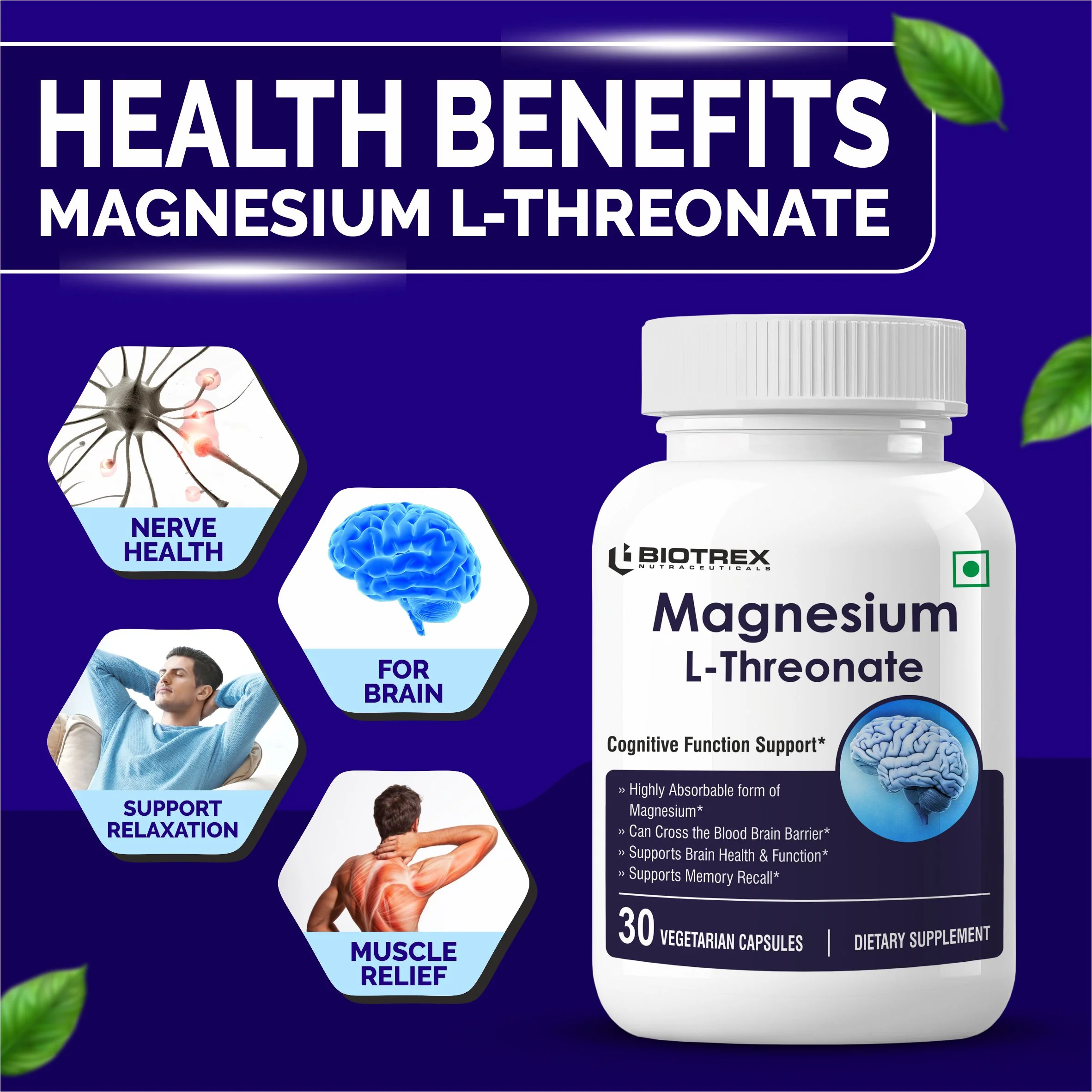 Biotrex Magnesium L-Threonate, Supports Brain Health & Cognitive Function, Highly Bioavailable Magnesium - 30 Veg Capsules - Image 3