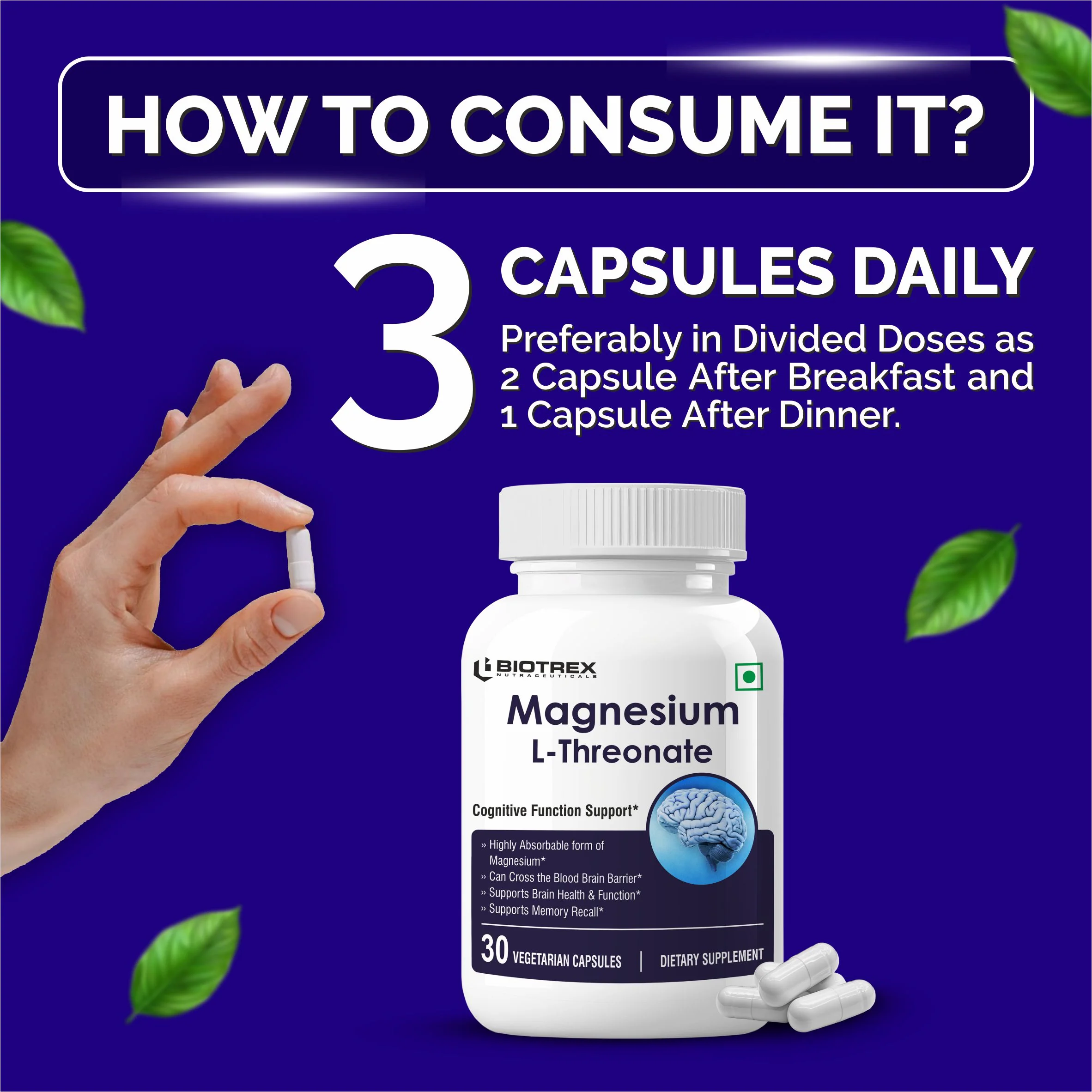 Biotrex Magnesium L-Threonate, Supports Brain Health & Cognitive Function, Highly Bioavailable Magnesium - 30 Veg Capsules - Image 4