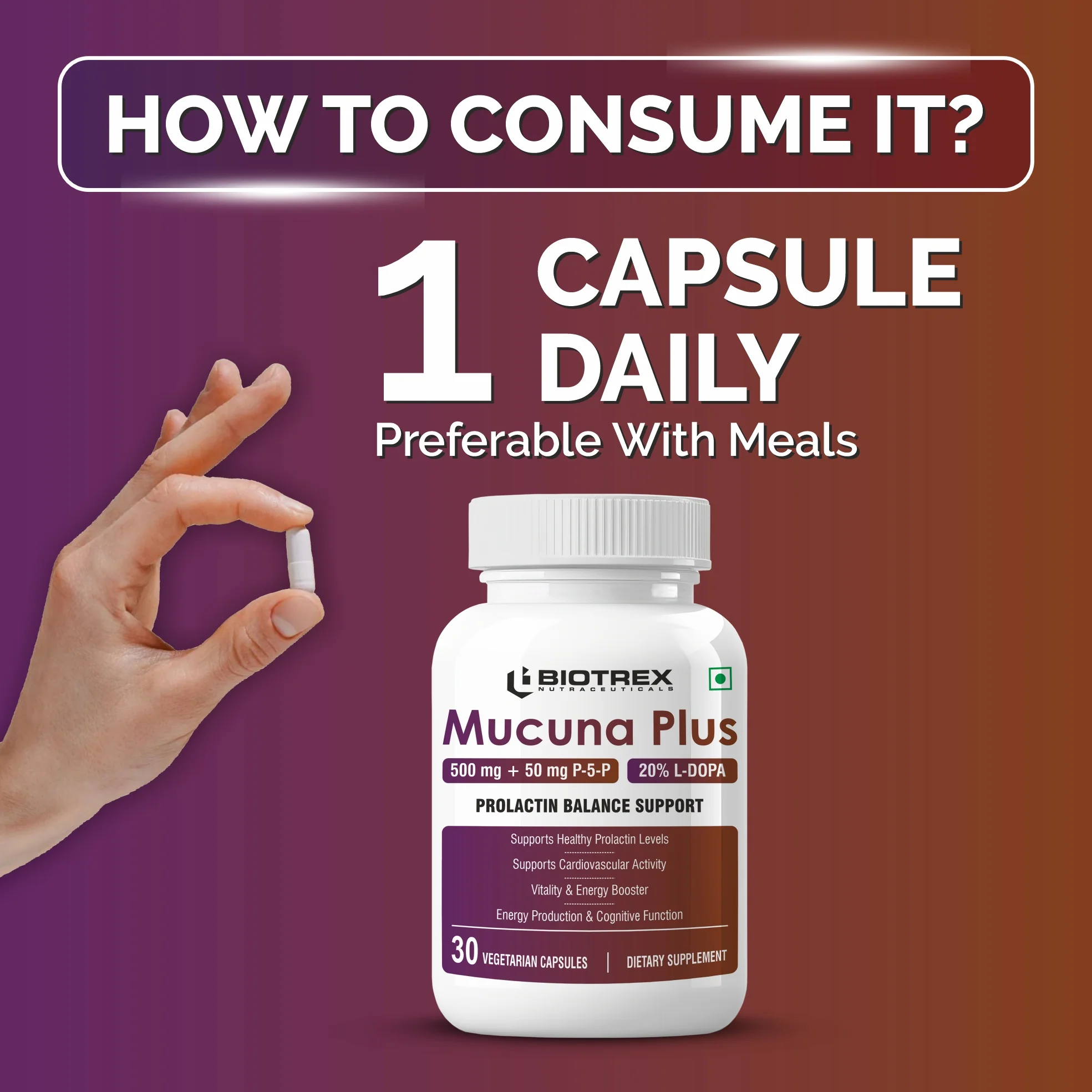 Biotrex Nutraceuticals Mucuna Pruriens (Kapikachhu) (20% L-Dopa) 500mg With P-5-P (Pyridoxal 5'-Phosphate) 50mg | Prolactin Support | Vitality & Energy Booster | Cardiovascular | Nerve Health - 30 Veg Capsules - Image 4