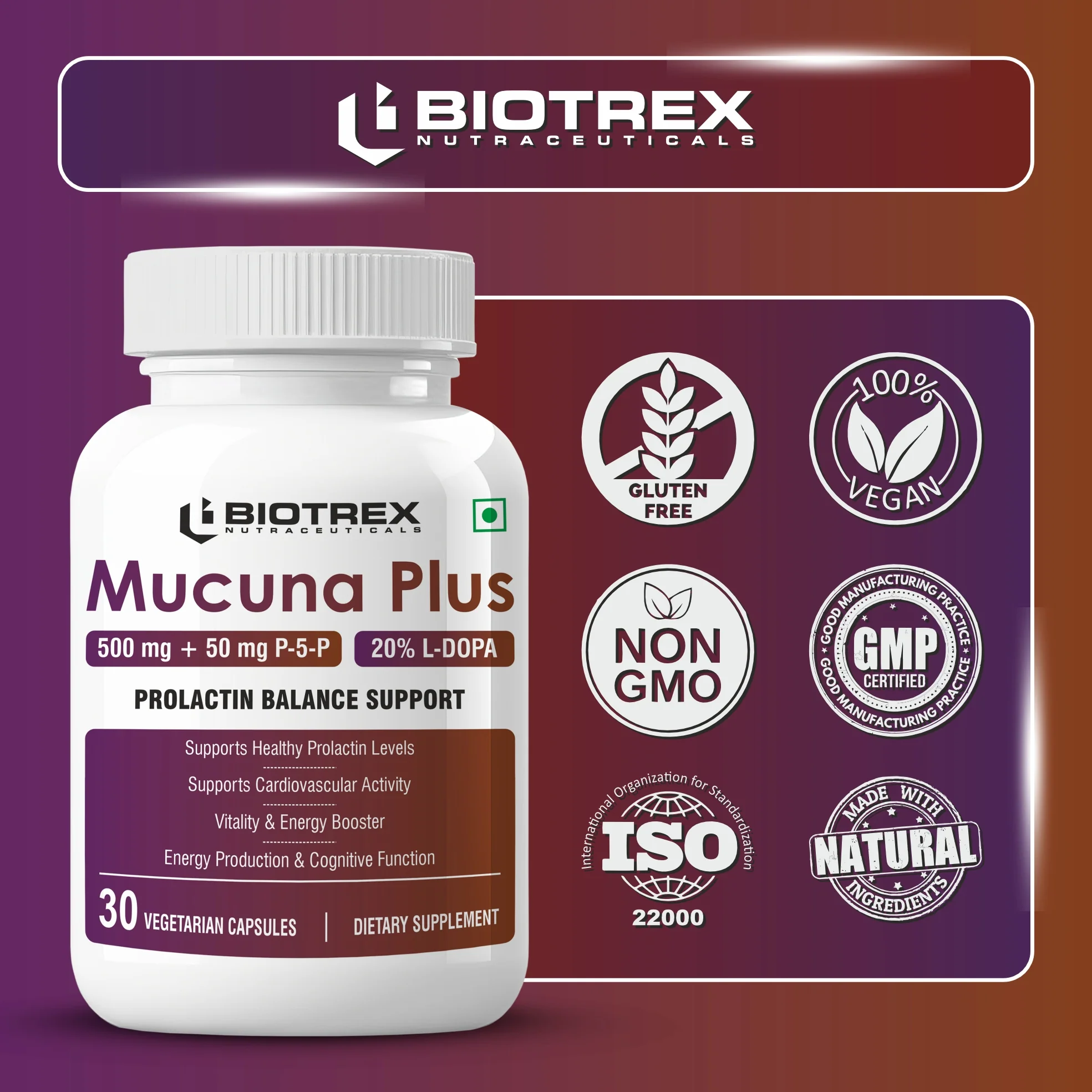 Biotrex Nutraceuticals Mucuna Pruriens (Kapikachhu) (20% L-Dopa) 500mg With P-5-P (Pyridoxal 5'-Phosphate) 50mg | Prolactin Support | Vitality & Energy Booster | Cardiovascular | Nerve Health - 30 Veg Capsules - Image 5