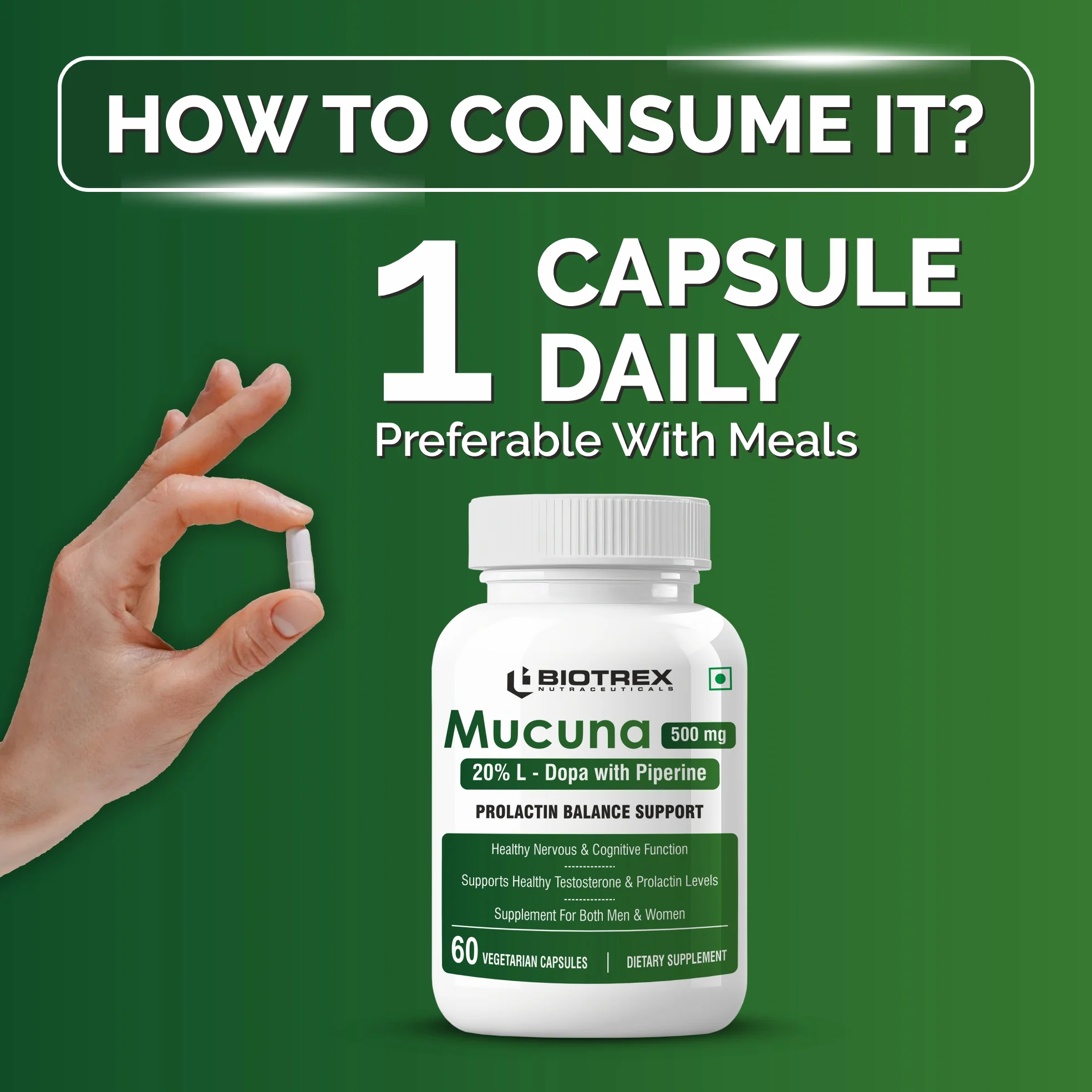 Biotrex Nutraceuticals Mucuna Pruriens (Kapikachhu) (20% L-Dopa) 500mg With Piperine 10mg | Vitality Booster, Motility & Nerve Function - 60 Veg Capsules - Image 4