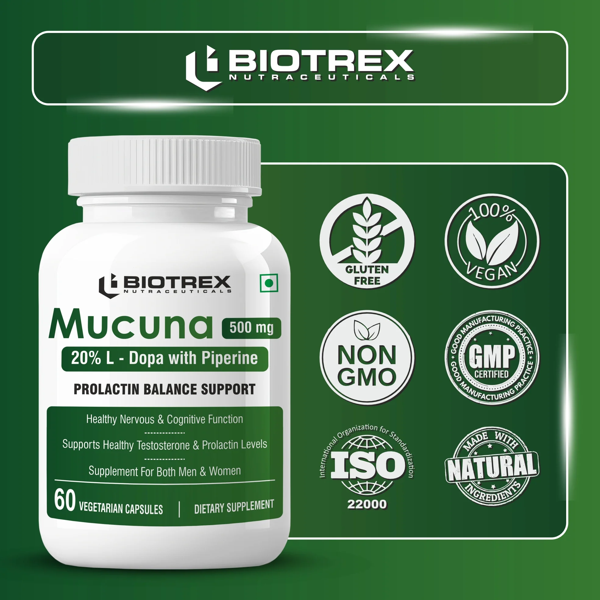Biotrex Nutraceuticals Mucuna Pruriens (Kapikachhu) (20% L-Dopa) 500mg With Piperine 10mg | Vitality Booster, Motility & Nerve Function - 60 Veg Capsules - Image 5