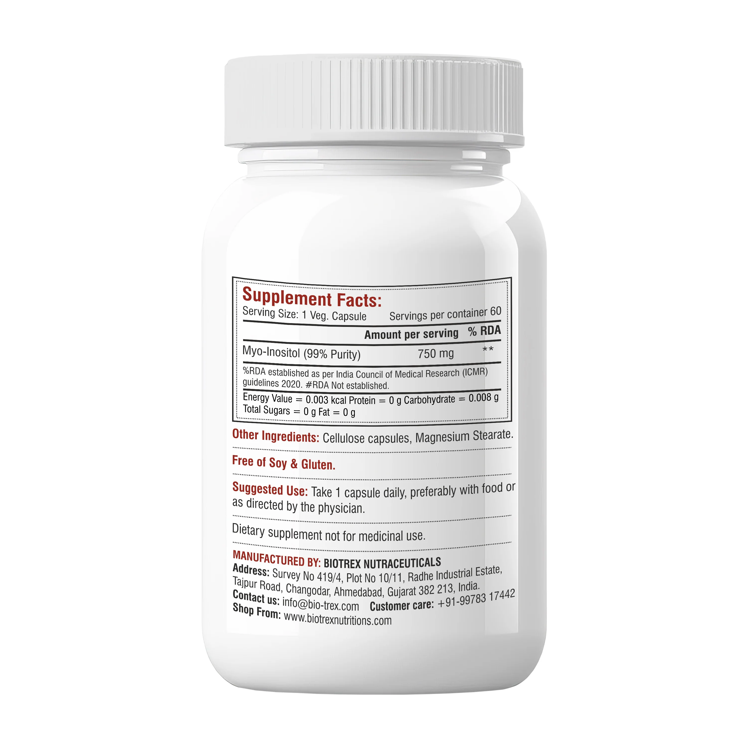 Biotrex Myo Inositol 750mg, Pcos, Brain & Nerve Health, 99% High Purity Grade Inositol, Fat Metabolism - 60 Vegetarian Capsules - Image 3