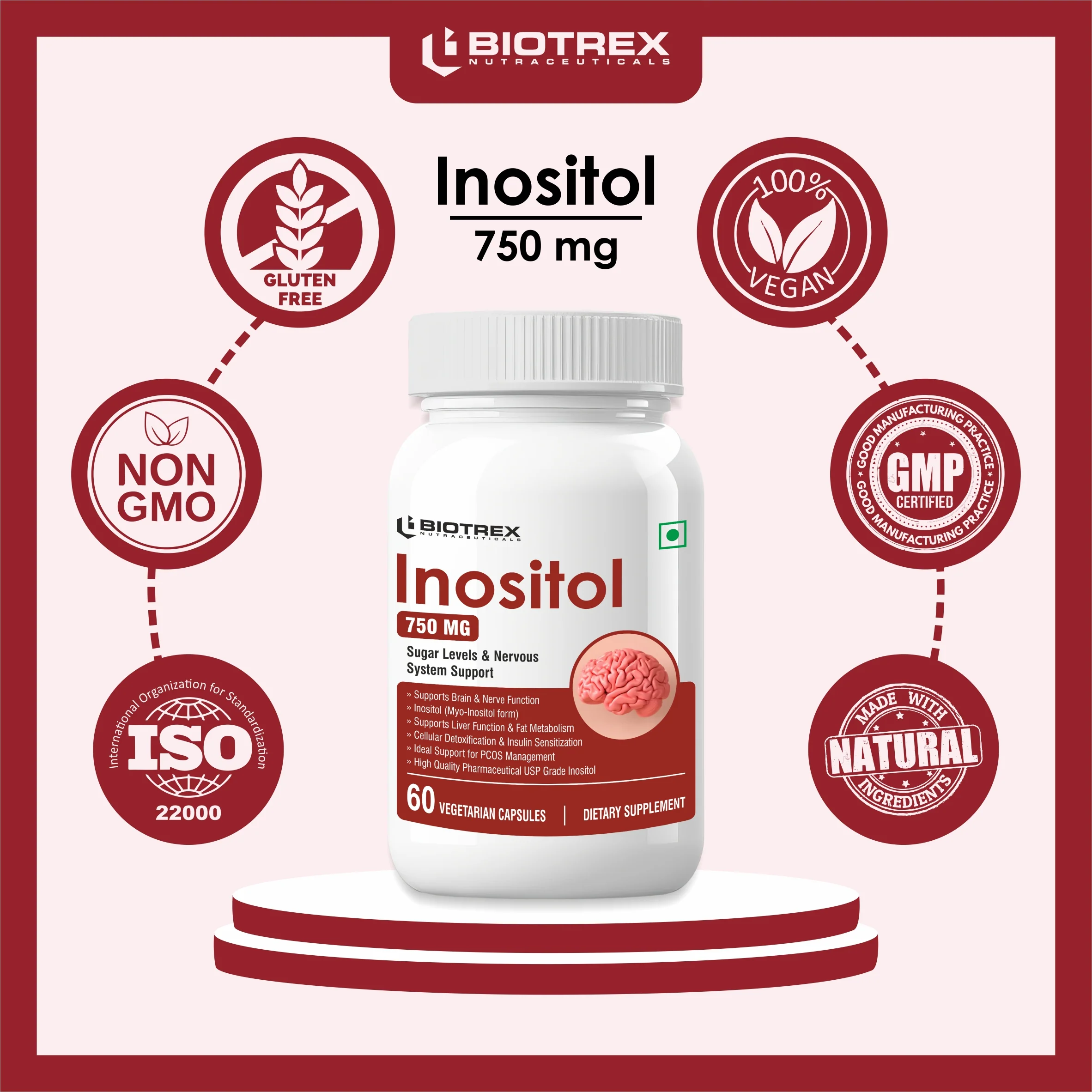 Biotrex Myo Inositol 750mg, Pcos, Brain & Nerve Health, 99% High Purity Grade Inositol, Fat Metabolism - 60 Vegetarian Capsules - Image 8