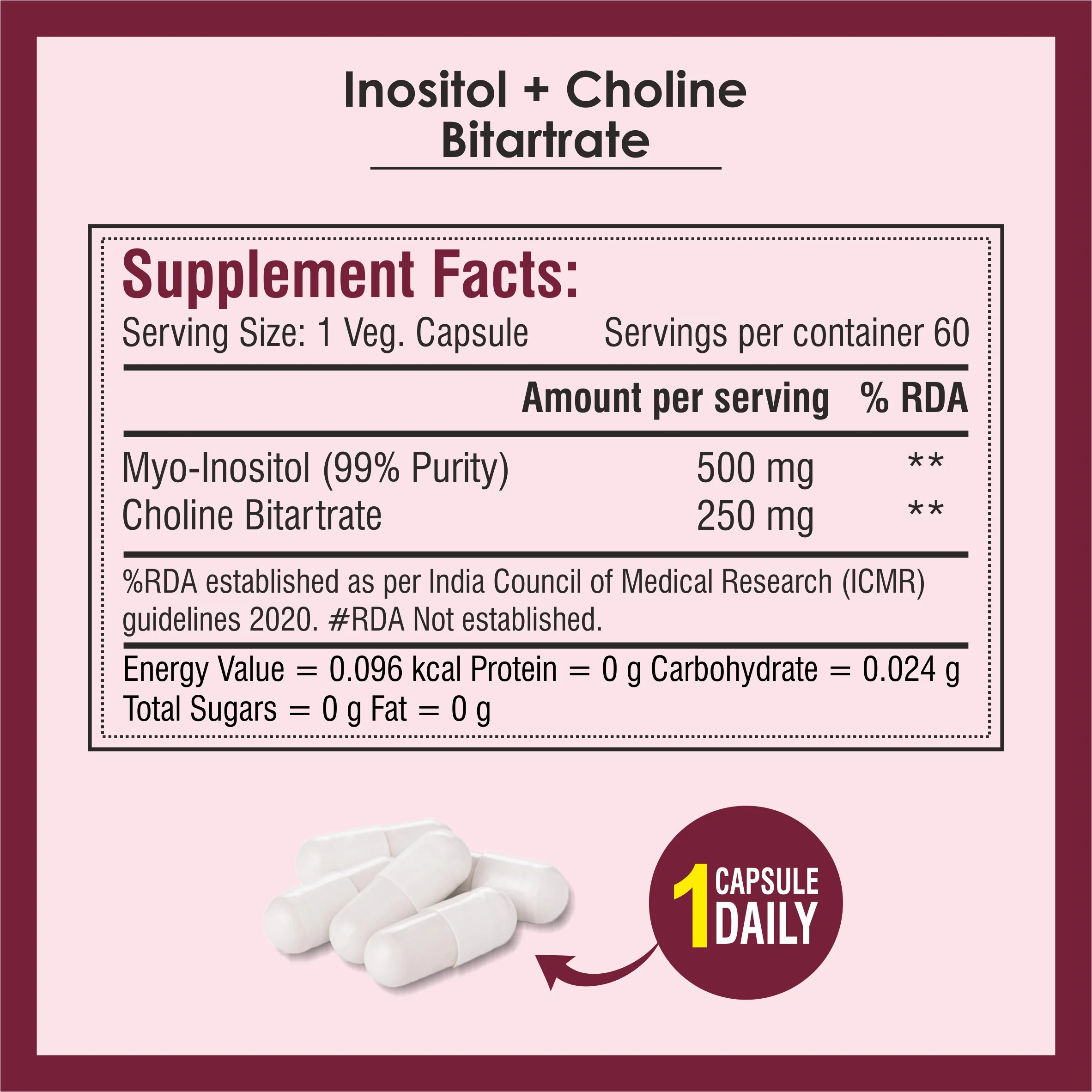 Biotrex Myo Inositol & Choline Bitartrate 750mg Complex, Healthy Brain & Nervous System, 99% High Purity Grade Inositol - 60 Vegetarian Capsules - Image 4