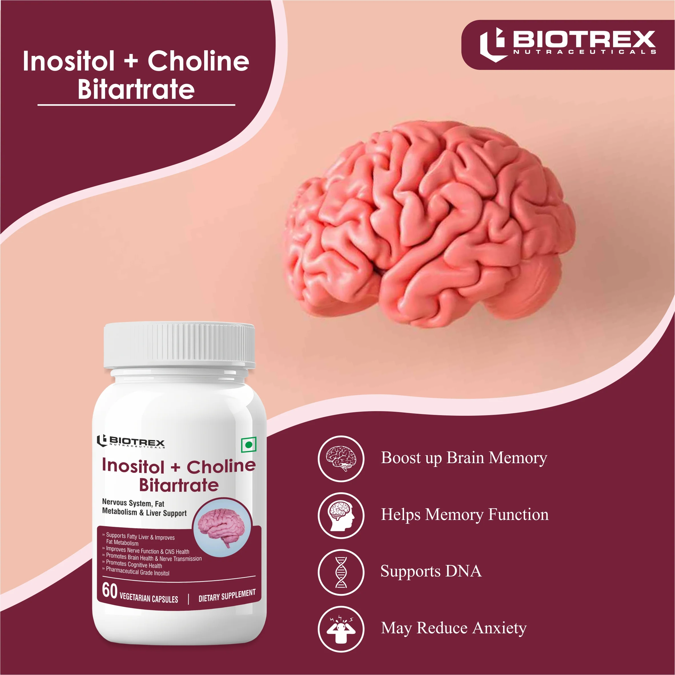 Biotrex Myo Inositol & Choline Bitartrate 750mg Complex, Healthy Brain & Nervous System, 99% High Purity Grade Inositol - 60 Vegetarian Capsules - Image 5