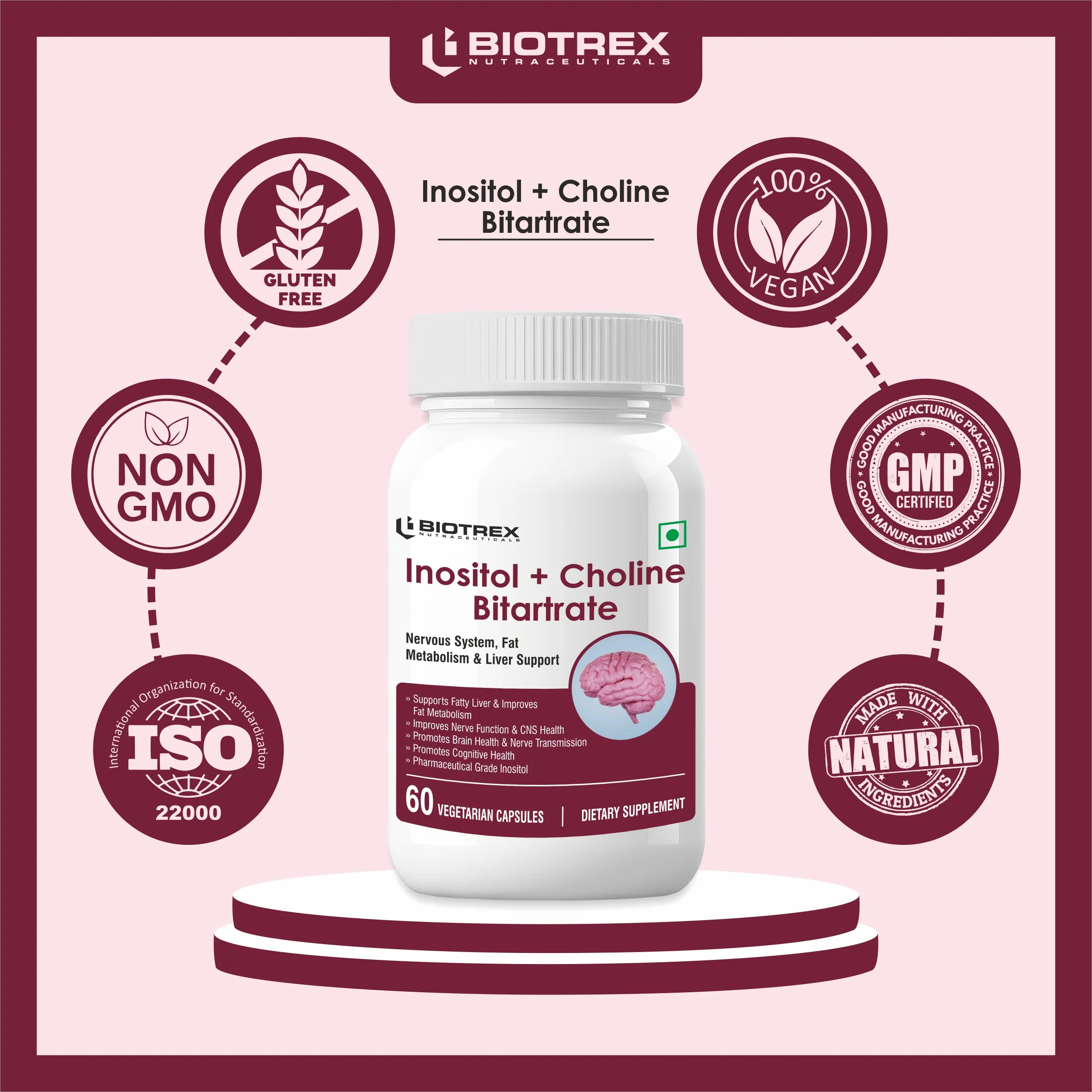 Biotrex Myo Inositol & Choline Bitartrate 750mg Complex, Healthy Brain & Nervous System, 99% High Purity Grade Inositol - 60 Vegetarian Capsules - Image 7