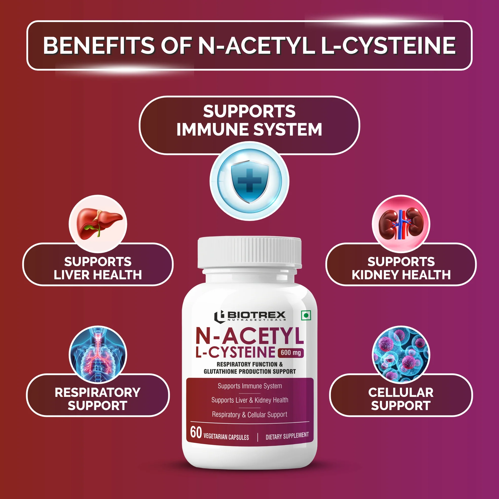 Biotrex Nutraceuticals N Acetyl L-Cysteine (NAC) 600mg, Antioxidant Production | Liver & Kidney | Immunity, Respiratory & Cellular Support - 60 Veg Capsules - Image 3