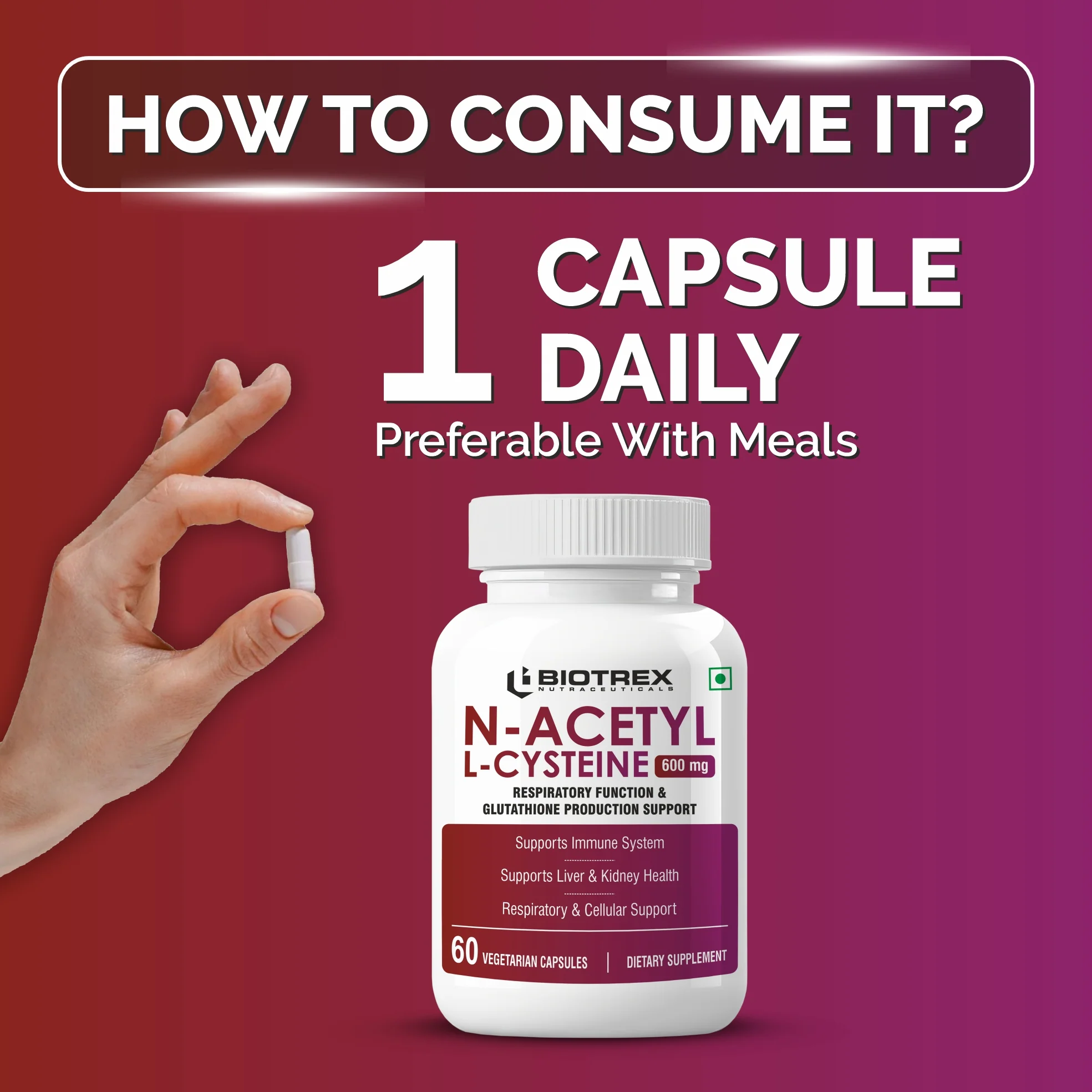 Biotrex Nutraceuticals N Acetyl L-Cysteine (NAC) 600mg, Antioxidant Production | Liver & Kidney | Immunity, Respiratory & Cellular Support - 60 Veg Capsules - Image 4