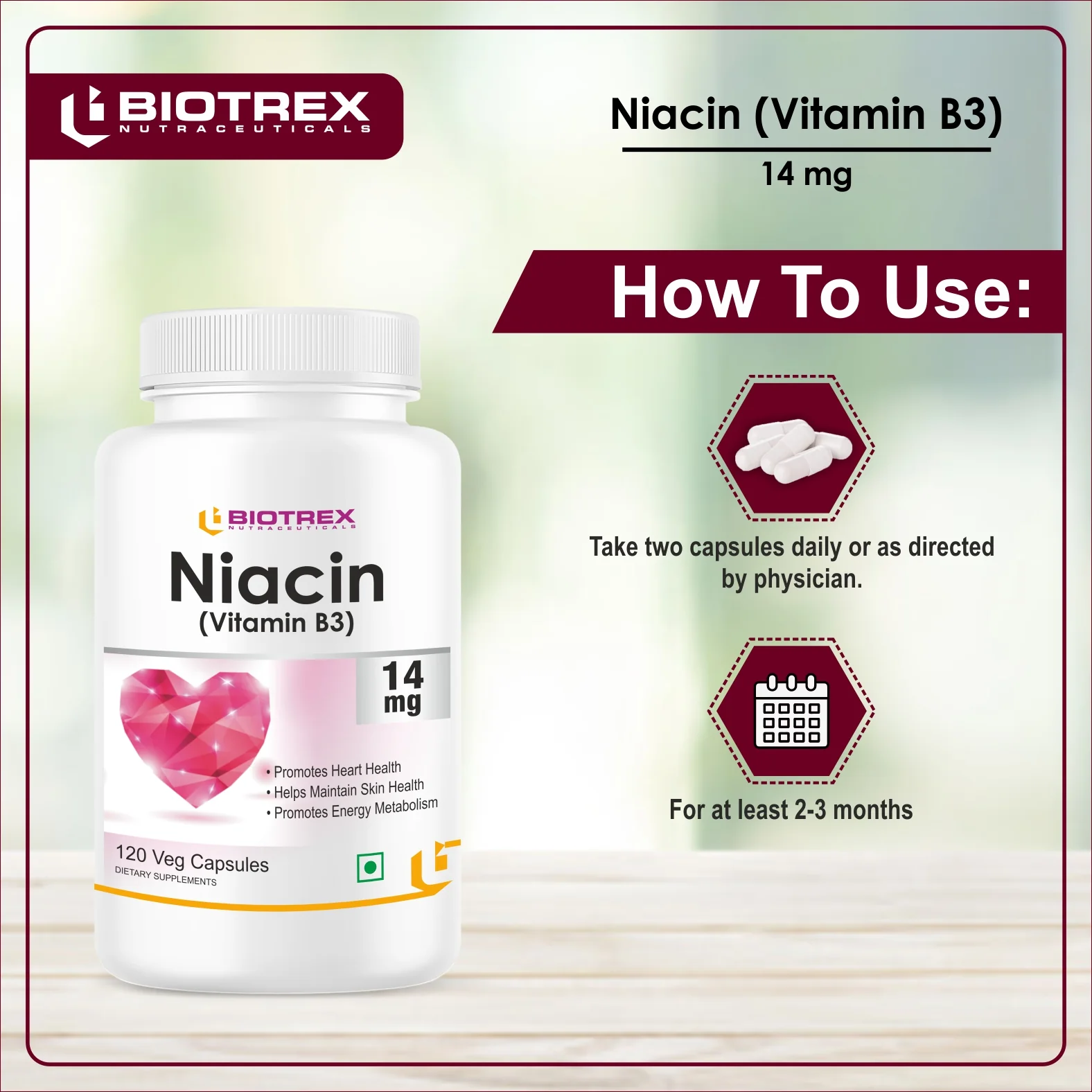 Biotrex Niacin 14mg Vitamin B3 With Inositol 50mg Supplement | for Vascularity & Increase Cellular Energy, Non-GMO, Gluten Free, As Per RDA Allowance - 120 Veg Capsules - Image 3