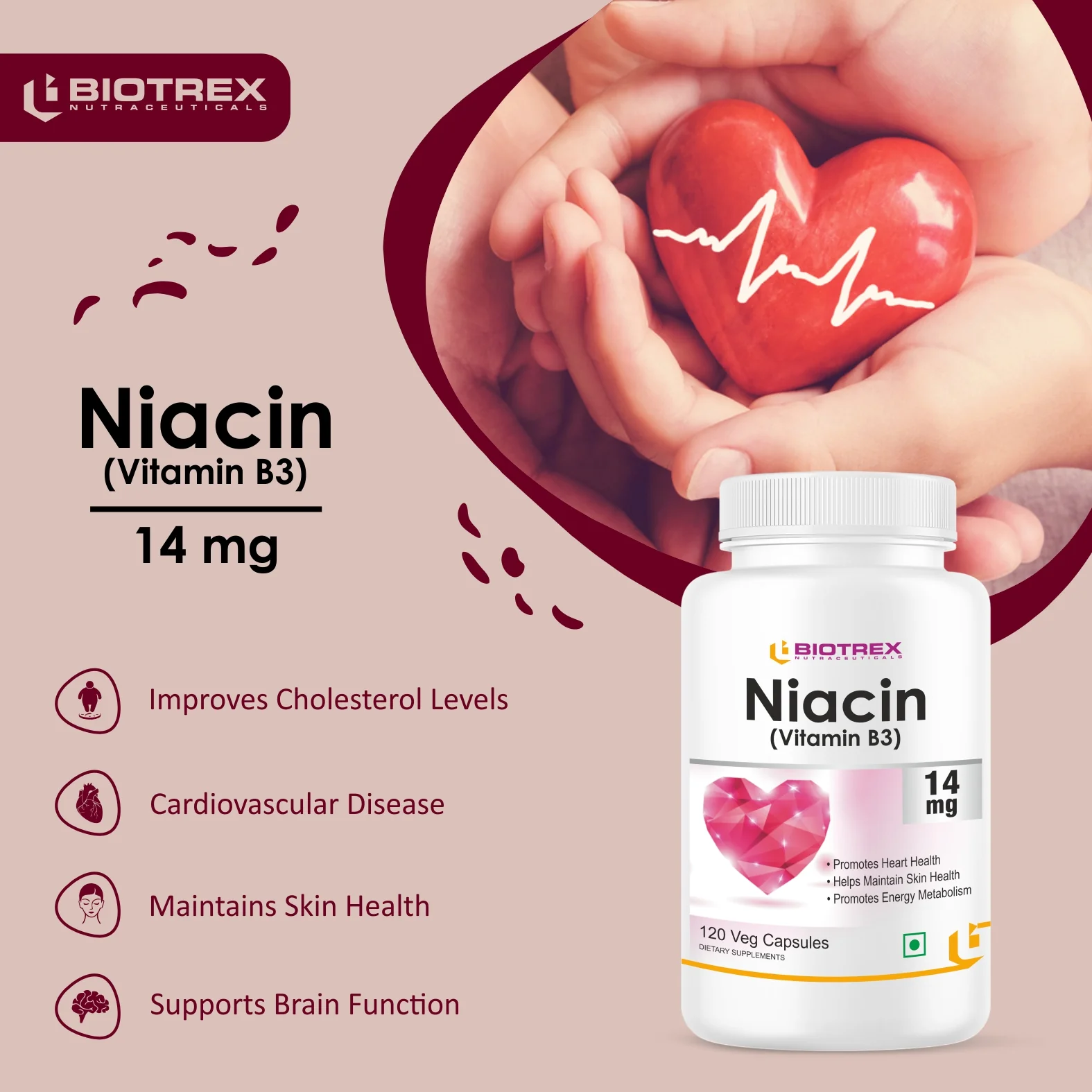 Biotrex Niacin 14mg Vitamin B3 With Inositol 50mg Supplement | for Vascularity & Increase Cellular Energy, Non-GMO, Gluten Free, As Per RDA Allowance - 120 Veg Capsules - Image 4