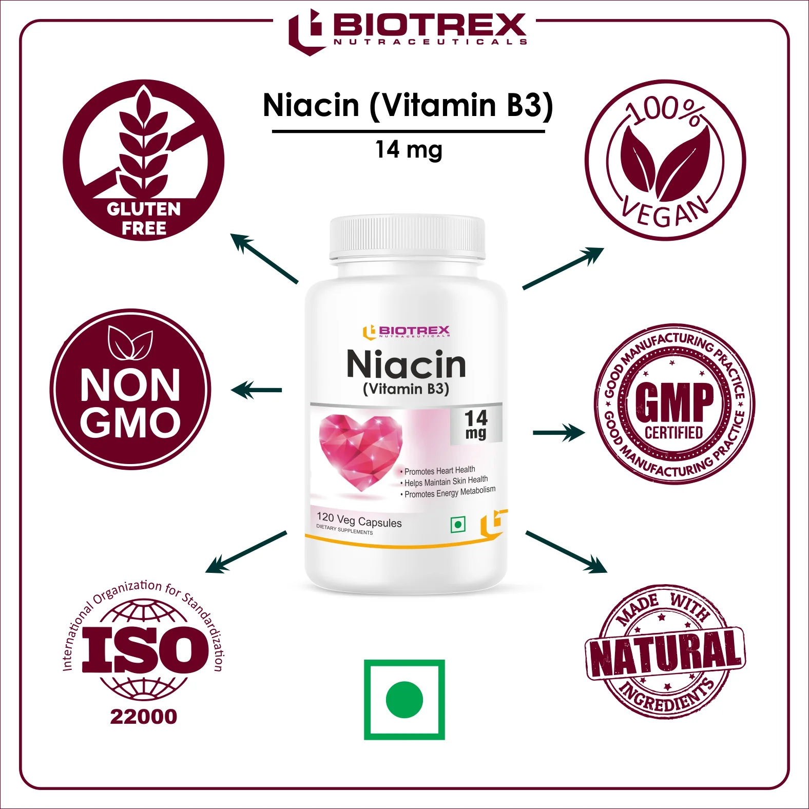 Biotrex Niacin 14mg Vitamin B3 With Inositol 50mg Supplement | for Vascularity & Increase Cellular Energy, Non-GMO, Gluten Free, As Per RDA Allowance - 120 Veg Capsules - Image 5