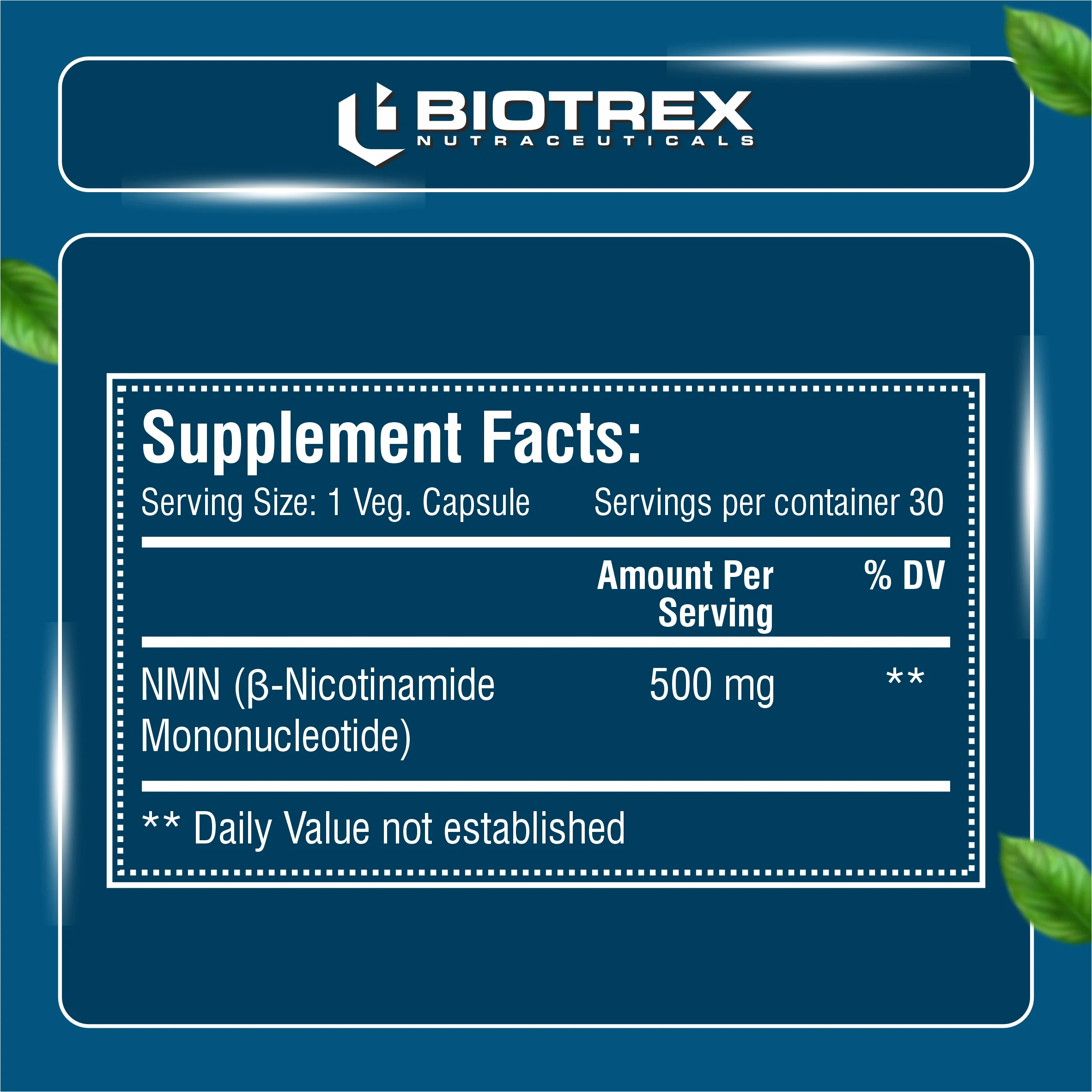 Biotrex NMN 500 Supplement, 99% High Purity, NAD Booster, Healthy Energy Levels & Skin Health - 30 Vegetarian Capsules - Image 2