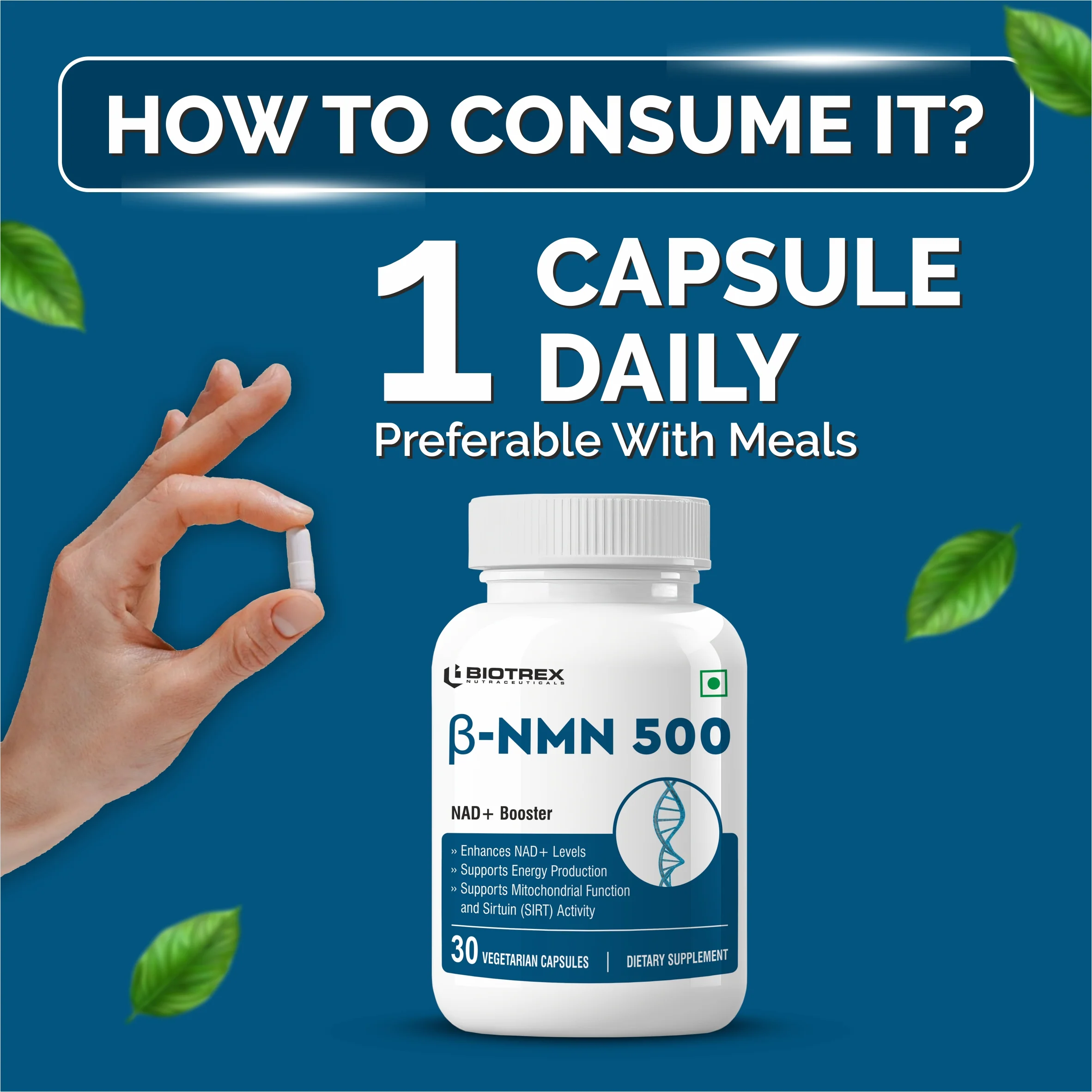Biotrex NMN 500 Supplement, 99% High Purity, NAD Booster, Healthy Energy Levels & Skin Health - 30 Vegetarian Capsules - Image 4