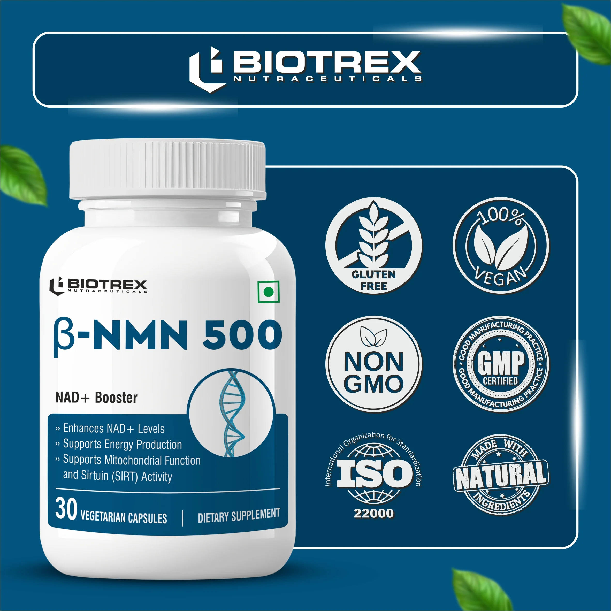 Biotrex NMN 500 Supplement, 99% High Purity, NAD Booster, Healthy Energy Levels & Skin Health - 30 Vegetarian Capsules - Image 5