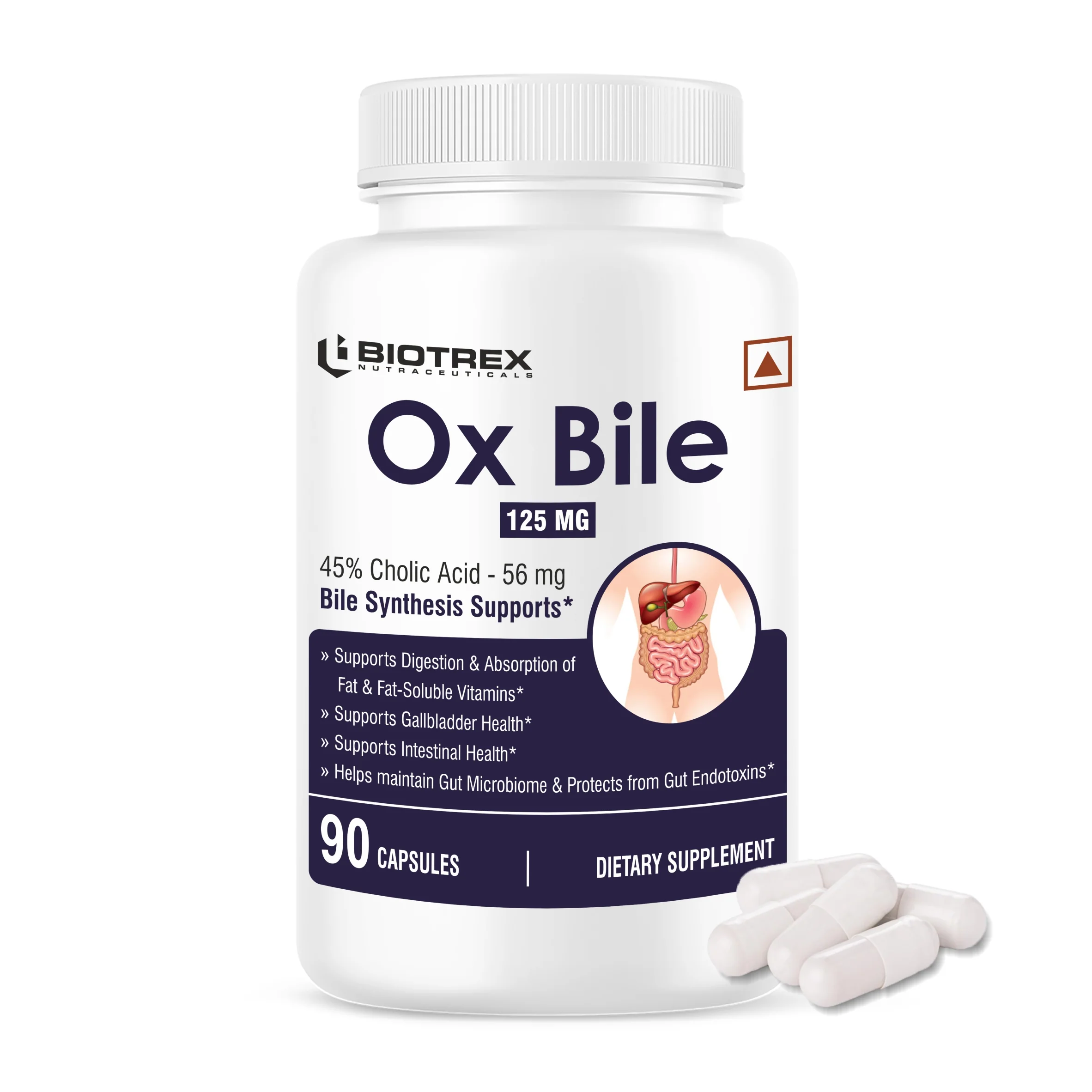 Biotrex OX BILE EXTRACT 125mg, 45% CHOLIC ACID, Supports Gallbladder Health & Supports Healthy Digestion, Bile Synthesis Support, (Gluten Free & Non-GMO) - 90 Capsules