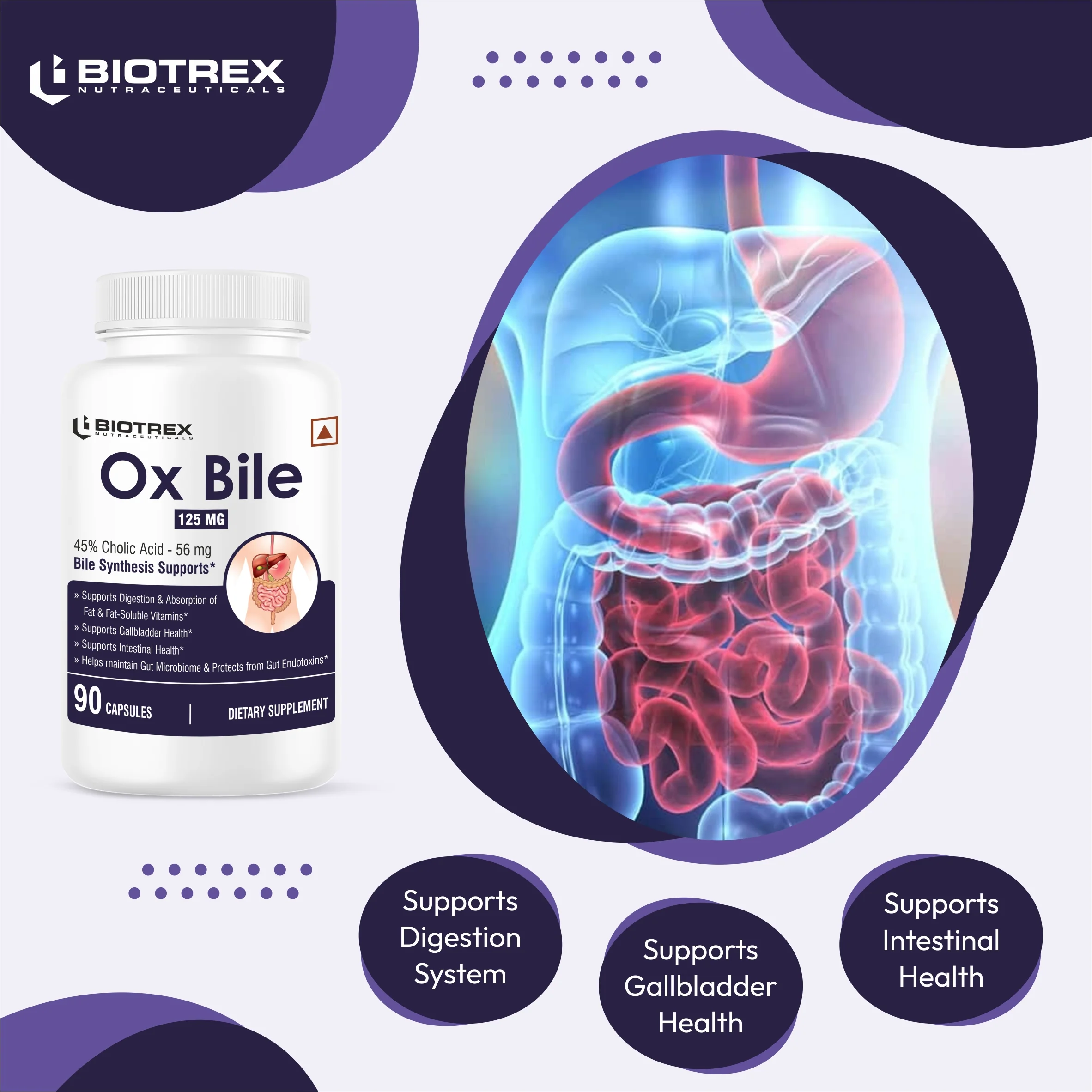 Biotrex OX BILE EXTRACT 125mg, 45% CHOLIC ACID, Supports Gallbladder Health & Supports Healthy Digestion, Bile Synthesis Support, (Gluten Free & Non-GMO) - 90 Capsules - Image 4