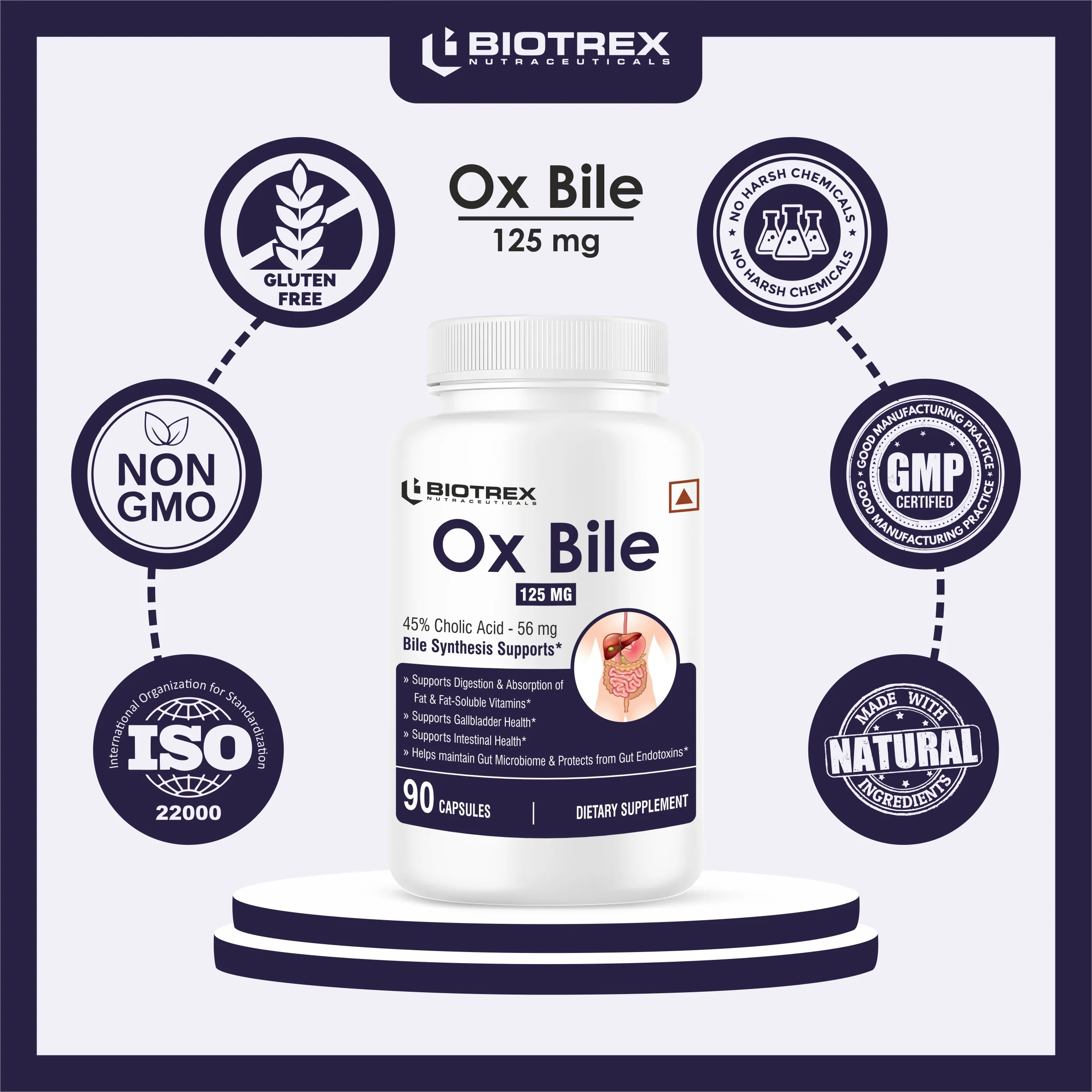 Biotrex OX BILE EXTRACT 125mg, 45% CHOLIC ACID, Supports Gallbladder Health & Supports Healthy Digestion, Bile Synthesis Support, (Gluten Free & Non-GMO) - 90 Capsules - Image 5