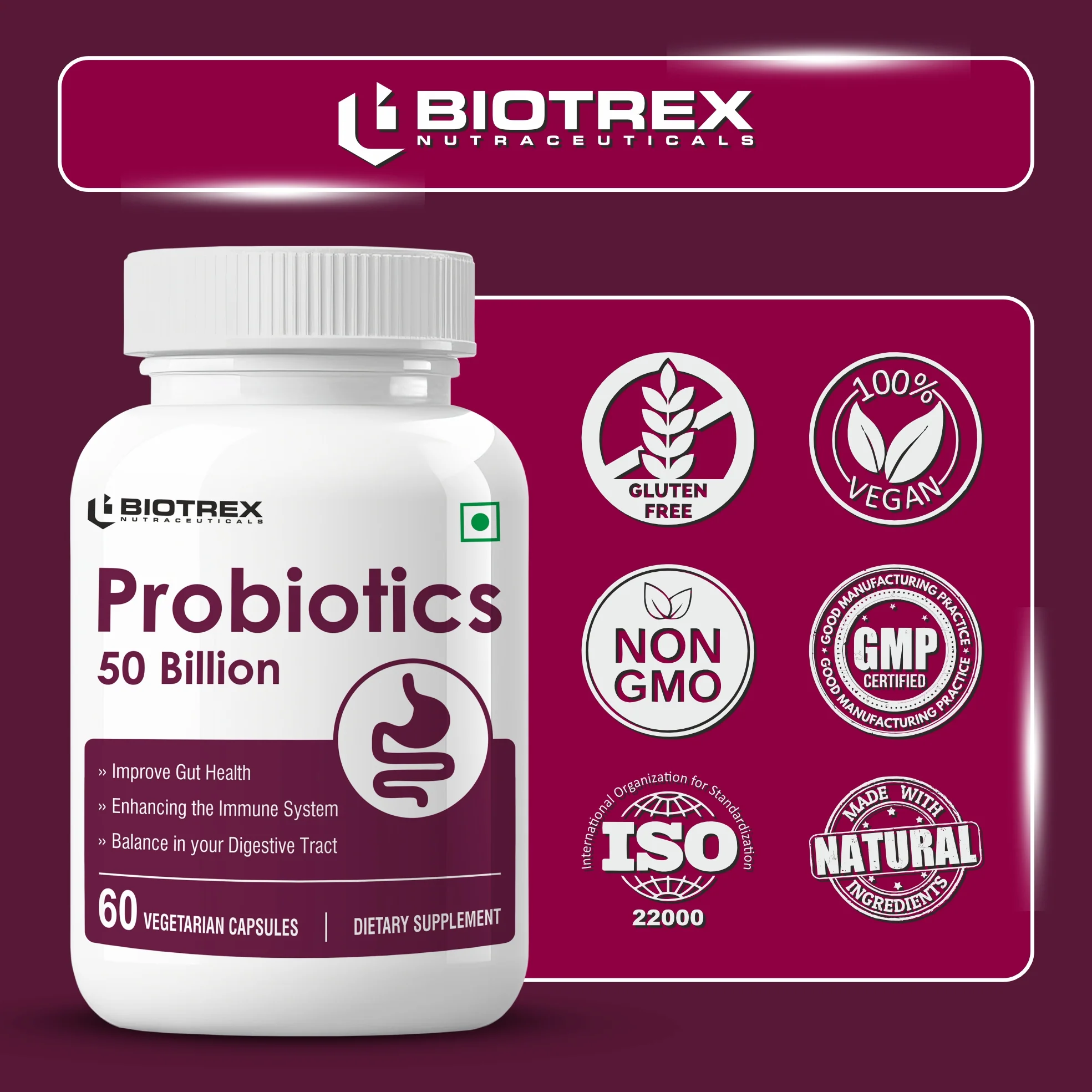 Biotrex Nutraceuticals Probiotics 50 Billion With 150mg Prebiotics Supplement For Gut Health - 60 Capsules - Image 5