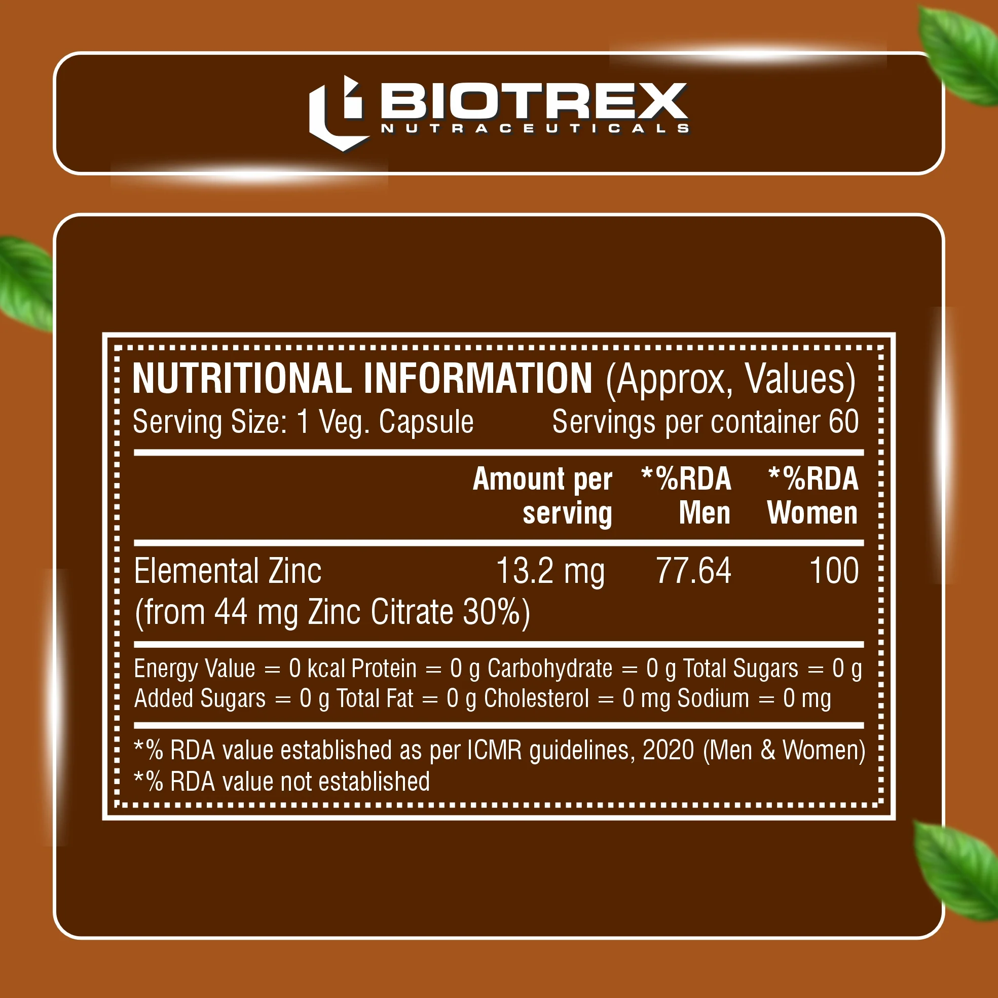 Biotrex Zinc Citrate Supplement - 60 Veg Capsules, Healthy Immunity, Supports Skin, Hair & Nails Health - Image 2