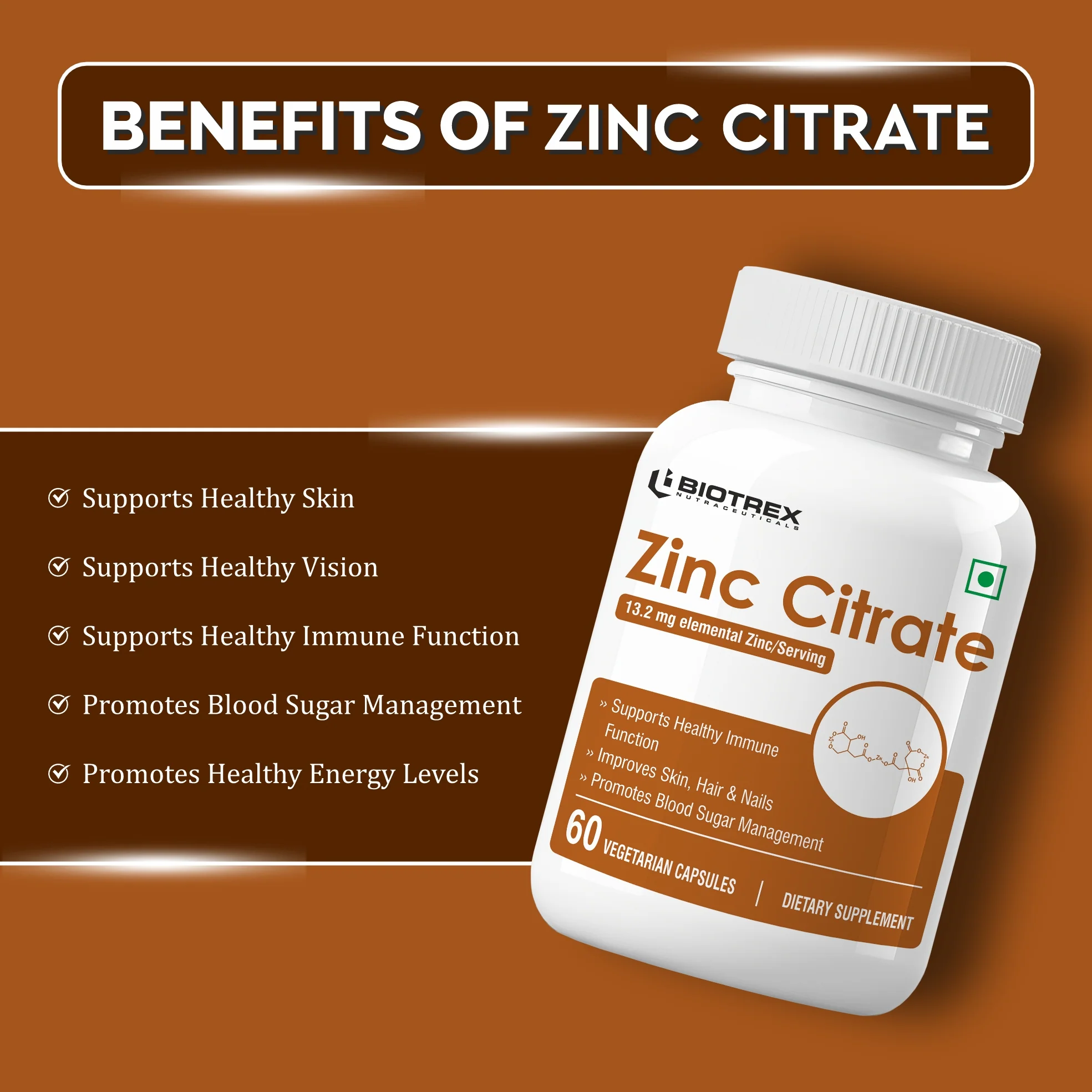 Biotrex Zinc Citrate Supplement - 60 Veg Capsules, Healthy Immunity, Supports Skin, Hair & Nails Health - Image 3