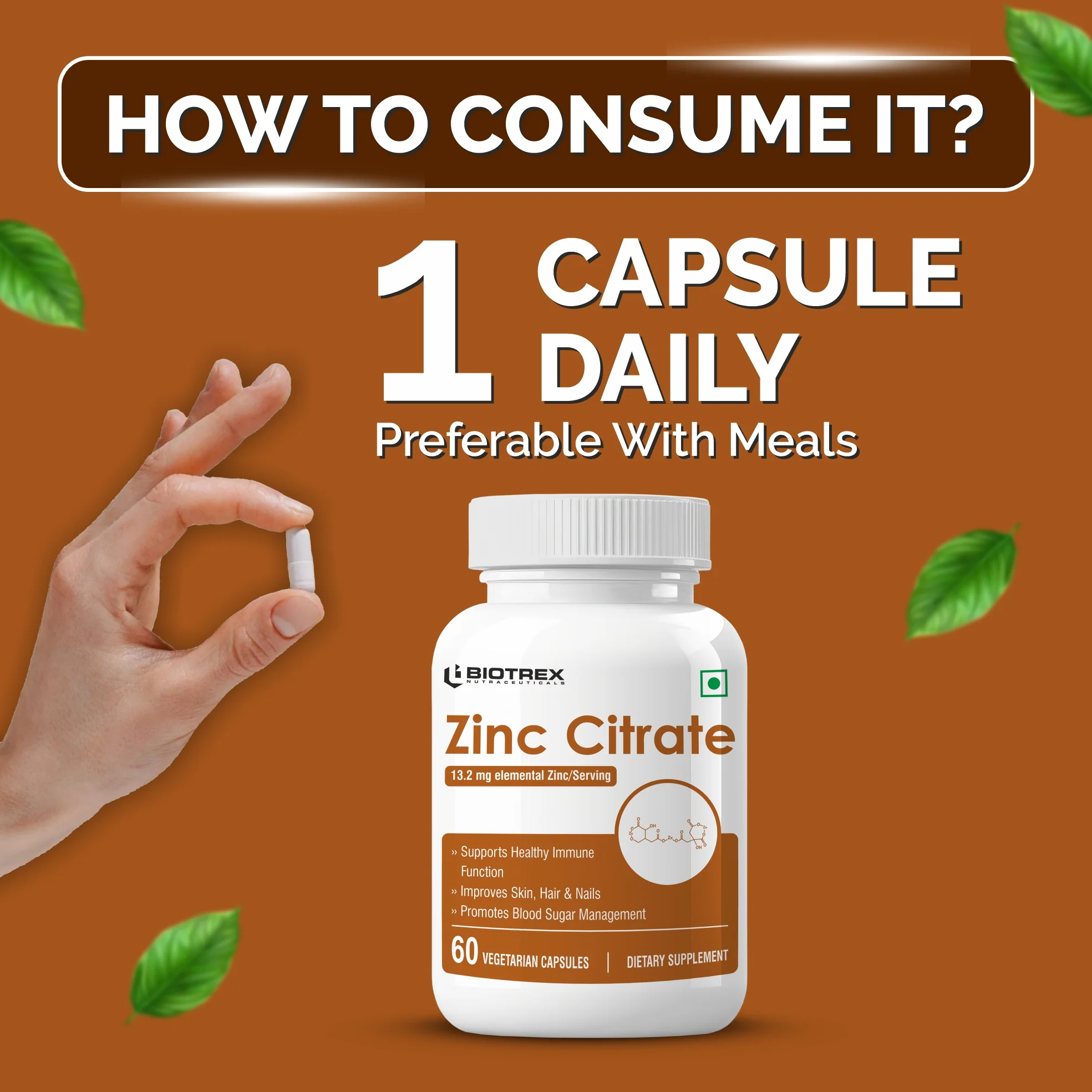 Biotrex Zinc Citrate Supplement - 60 Veg Capsules, Healthy Immunity, Supports Skin, Hair & Nails Health - Image 4