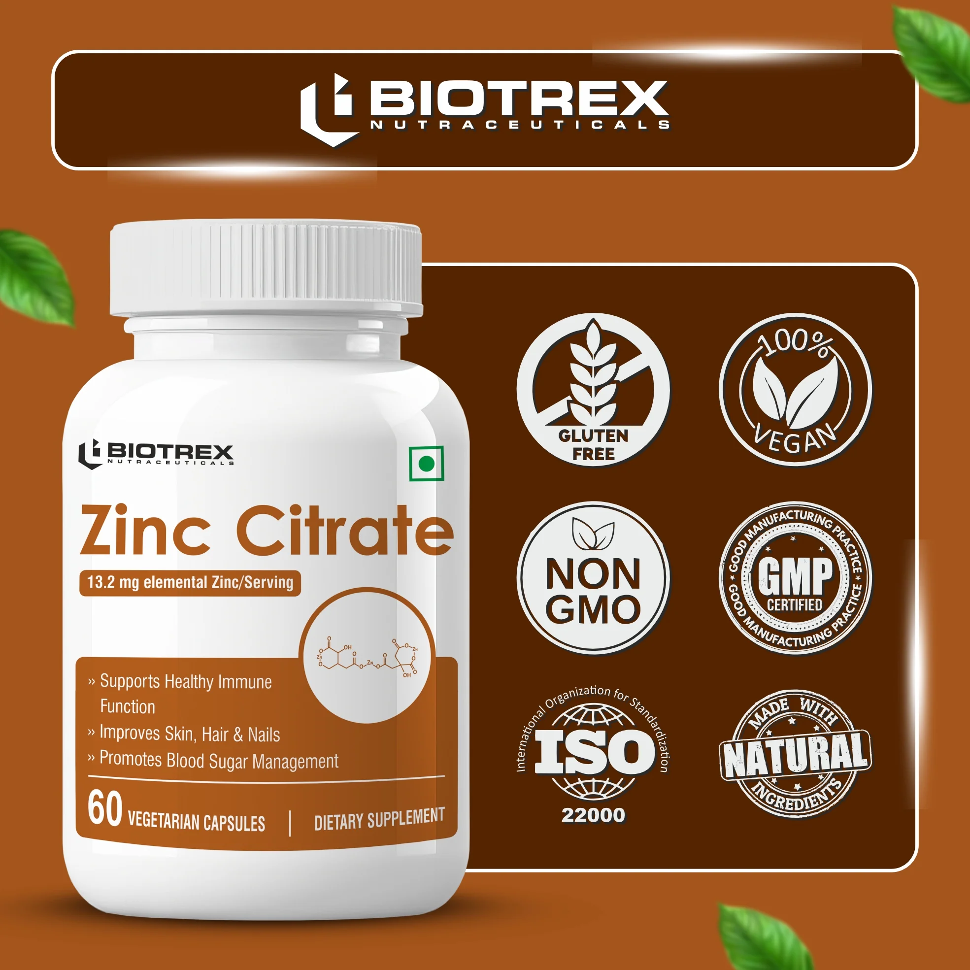 Biotrex Zinc Citrate Supplement - 60 Veg Capsules, Healthy Immunity, Supports Skin, Hair & Nails Health - Image 5