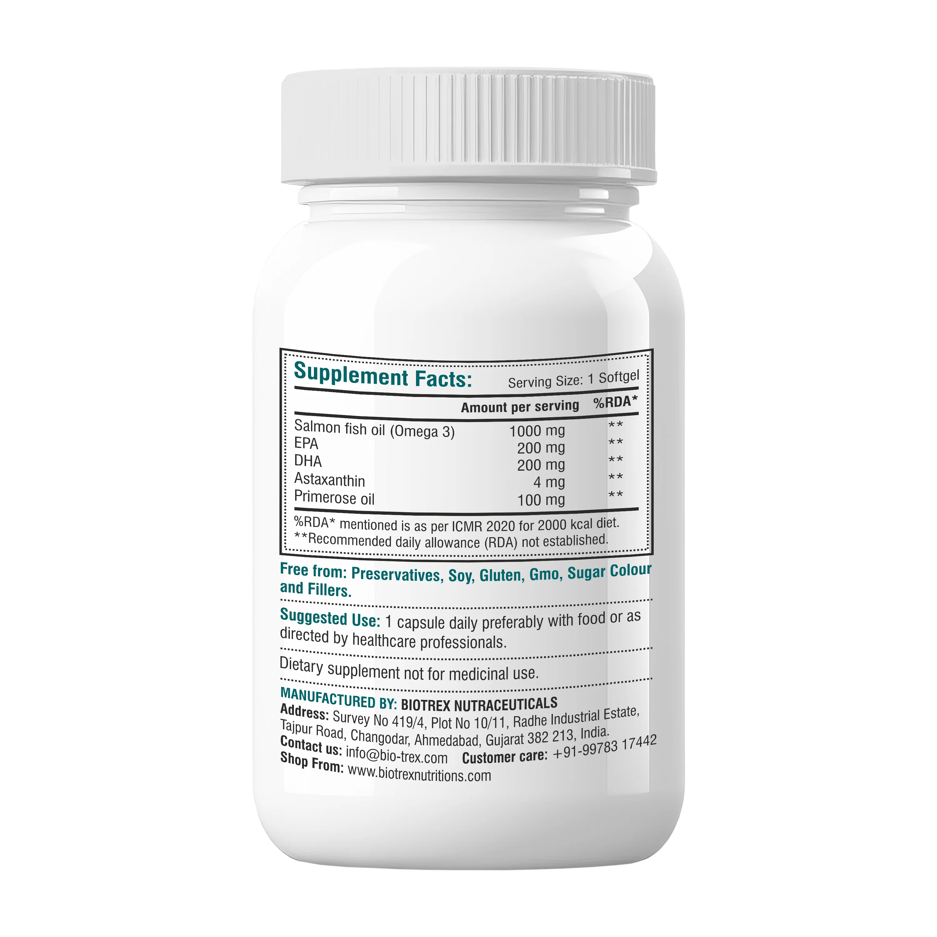 Biotrex Omega 3 Triple Strength Fish Oil Enriched With Salmon Fish Oil (Omega 3), EPA, DHA, Astaxanthin, Evening Primrose Oil - 60 Softgel Capsules - Image 2