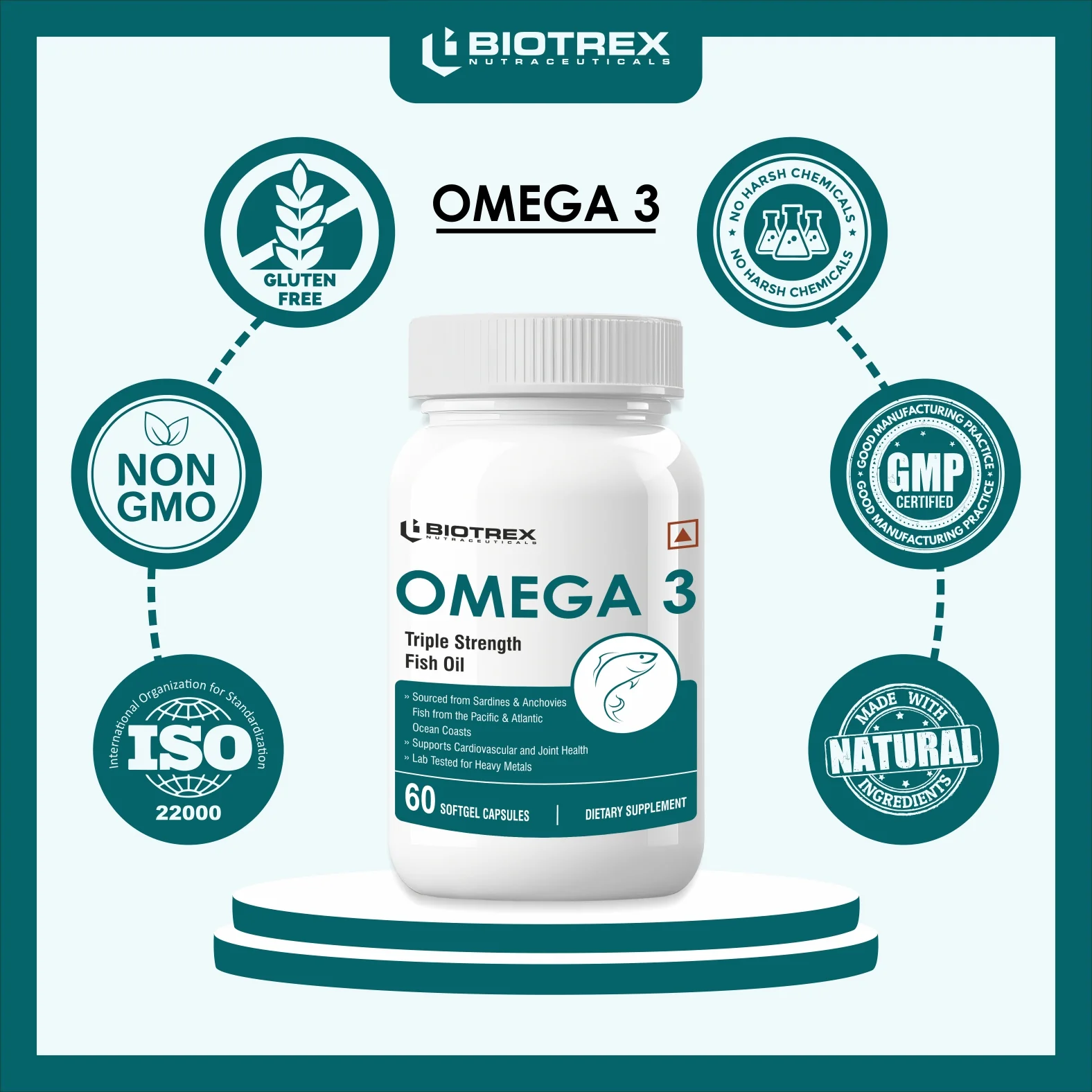 Biotrex Omega 3 Triple Strength Fish Oil Enriched With Salmon Fish Oil (Omega 3), EPA, DHA, Astaxanthin, Evening Primrose Oil - 60 Softgel Capsules - Image 7