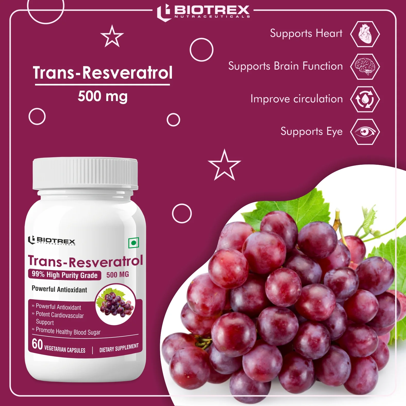 Biotrex Resveratrol 500mg - 60 Capsules Cognitive Health, Skin Health, Antioxidant Support & Cardiovascular Health - Image 4