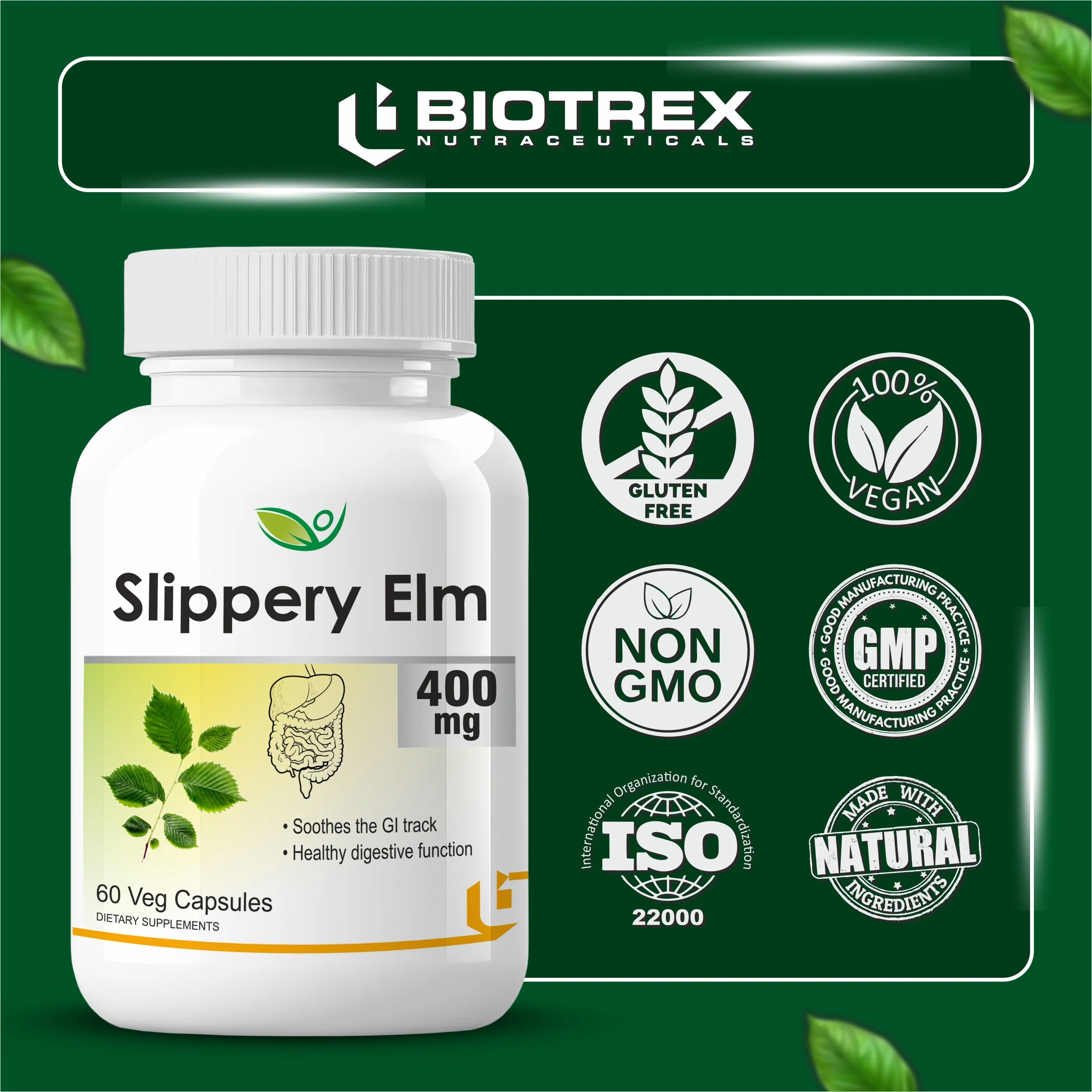 Biotrex Slippery Elm 400mg - 60 Capsules Soothing Digestive Aid, Gastrointestinal Protection & Relief from Sore Throat and Cough - Image 5