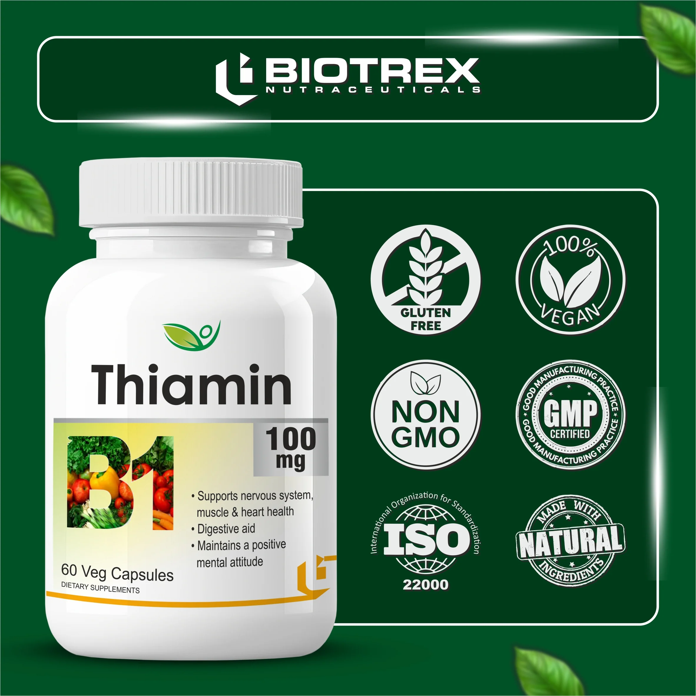 Biotrex Thiamin 100mg (Vitamin B1) - 60 Veg Capsules Energy Production, Stress Management, Cognitive Function & Antioxidant Activity - Image 5