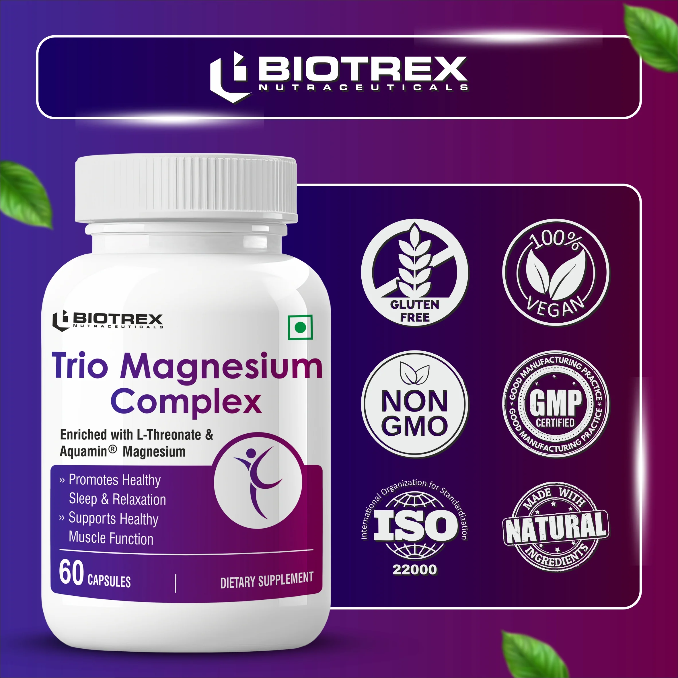Biotrex Trio Magnesium Complex Enriched With Magnesium L- Threonate, Aquamin Citrate & Magnesium Glycinate, Highly Bioavailable Forms of Magnesium, Supports Healthy Nerve & Brain Health, Supports Healthy Sleep - 60 Veg Capsules - Image 5