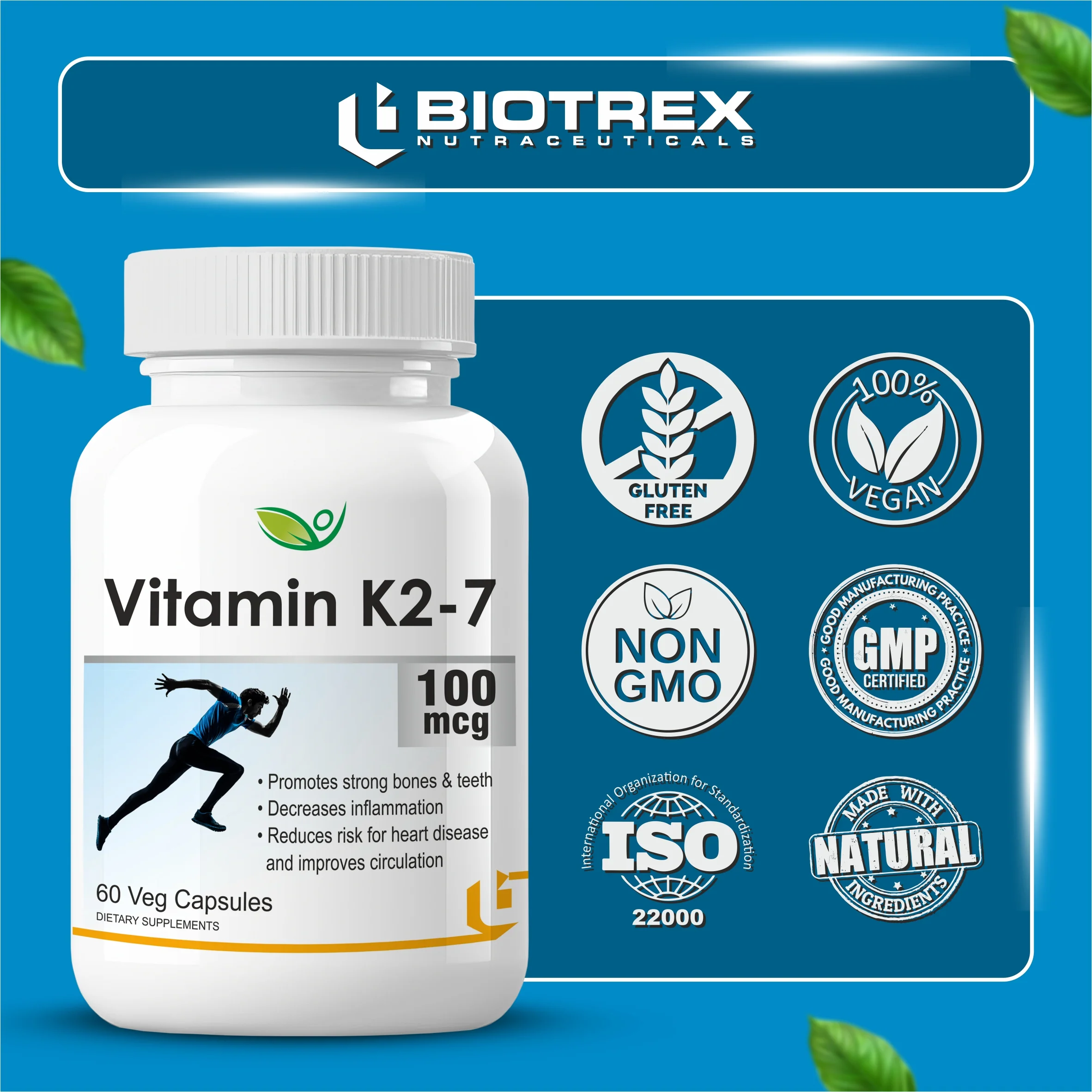 Biotrex Vitamin K2-7 100mcg - 60 Capsules Bone Health, Dental health support & Cardiovascular health benefits - Image 6