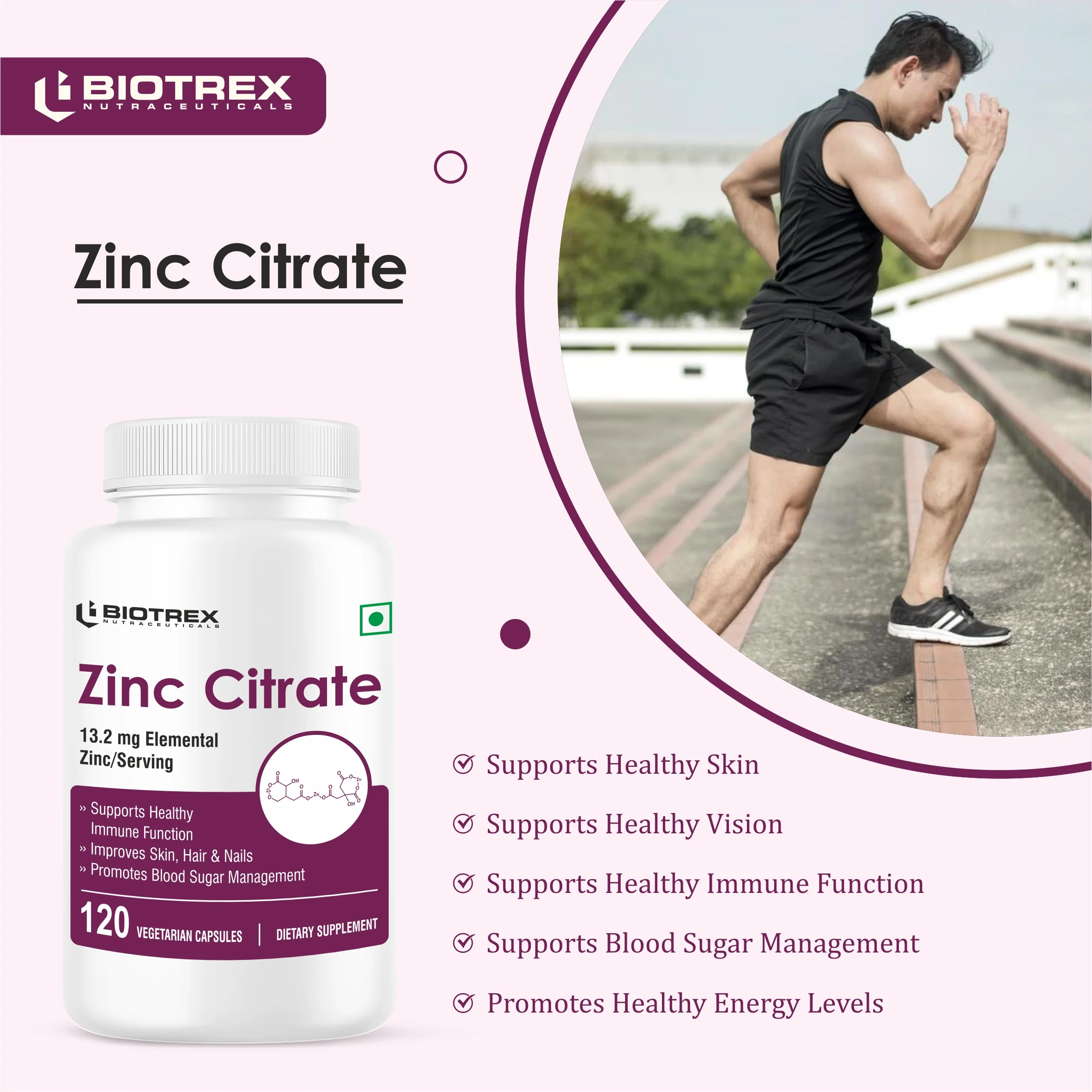 Biotrex Zinc Citrate Supplement With High Purity, Supports Healthy Skin, Hair & Nails, Immune Health - 120 Veg Capsules - Image 5