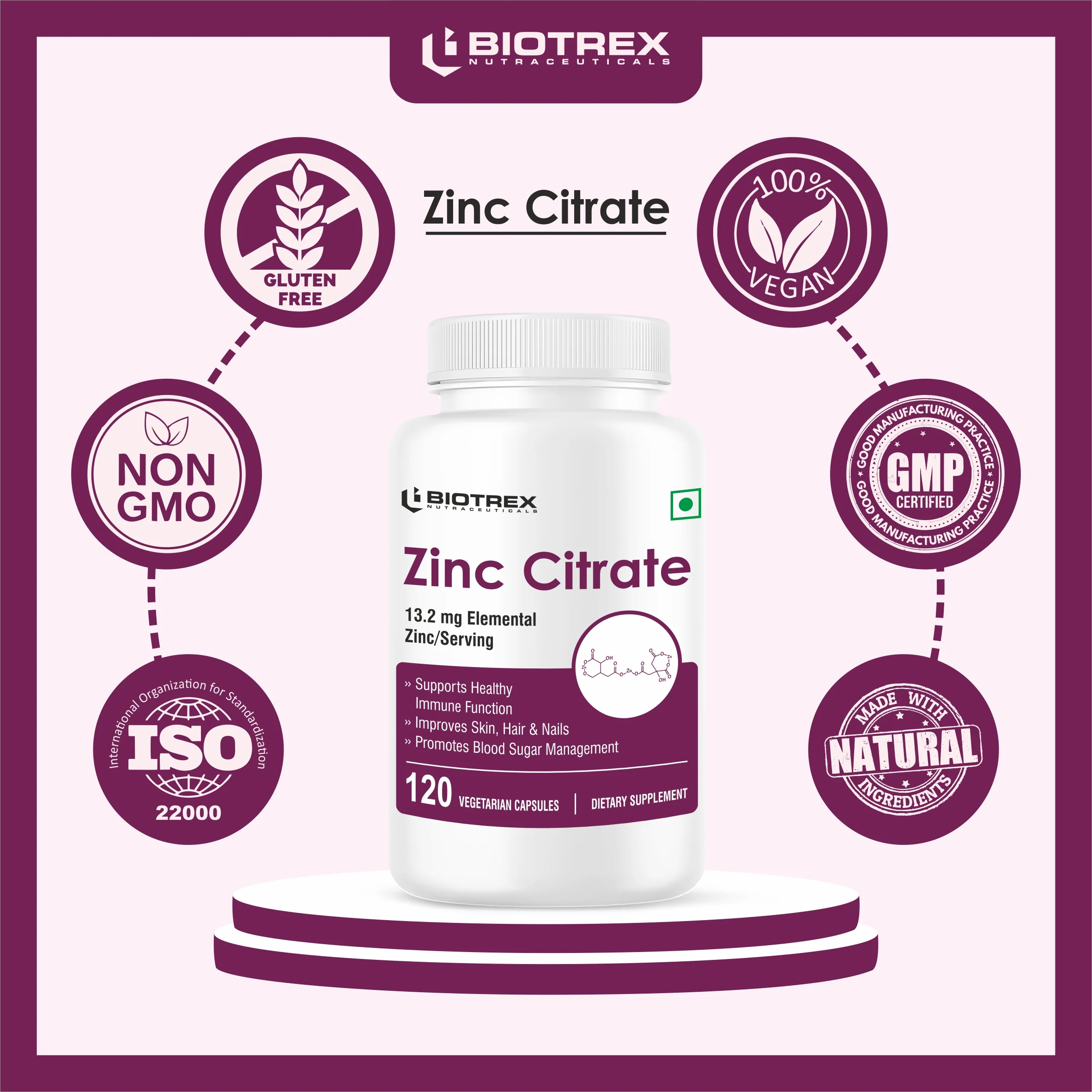 Biotrex Zinc Citrate Supplement With High Purity, Supports Healthy Skin, Hair & Nails, Immune Health - 120 Veg Capsules - Image 7